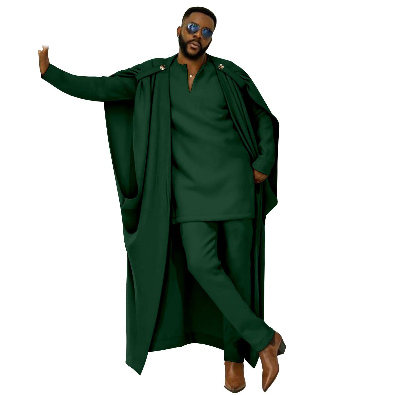 African Clothes for Men Cape V-Neck Full Sleeve Shirts Pants 3 Piece Set Agbada Robe Wedding Evening Outfits