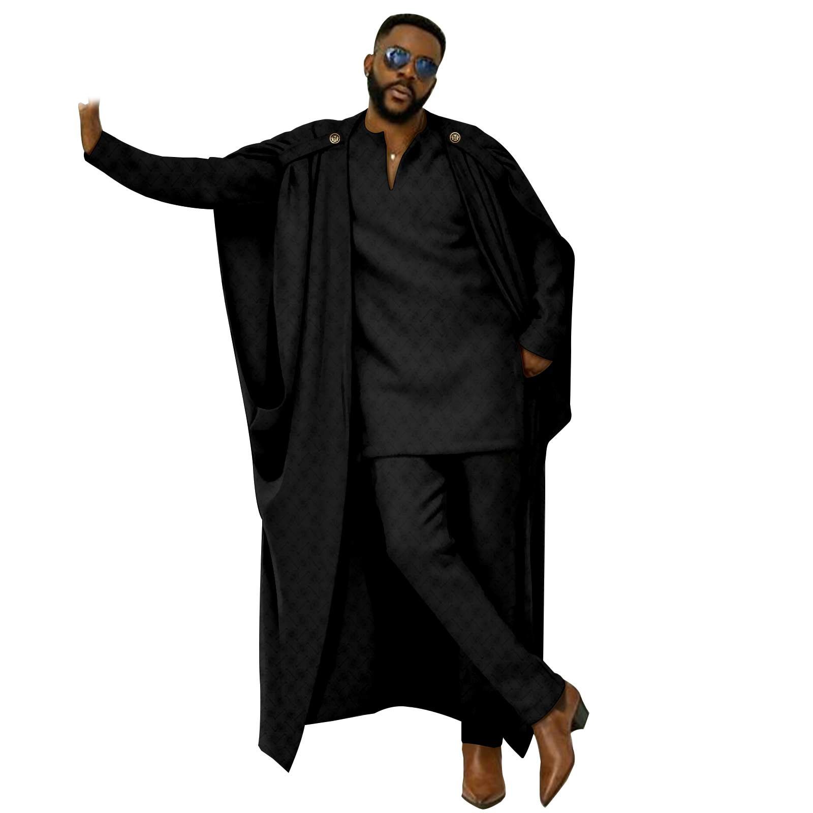 African Clothes for Men Cape V-Neck Full Sleeve Shirts Pants 3 Piece Set Agbada Robe Wedding Evening Outfits