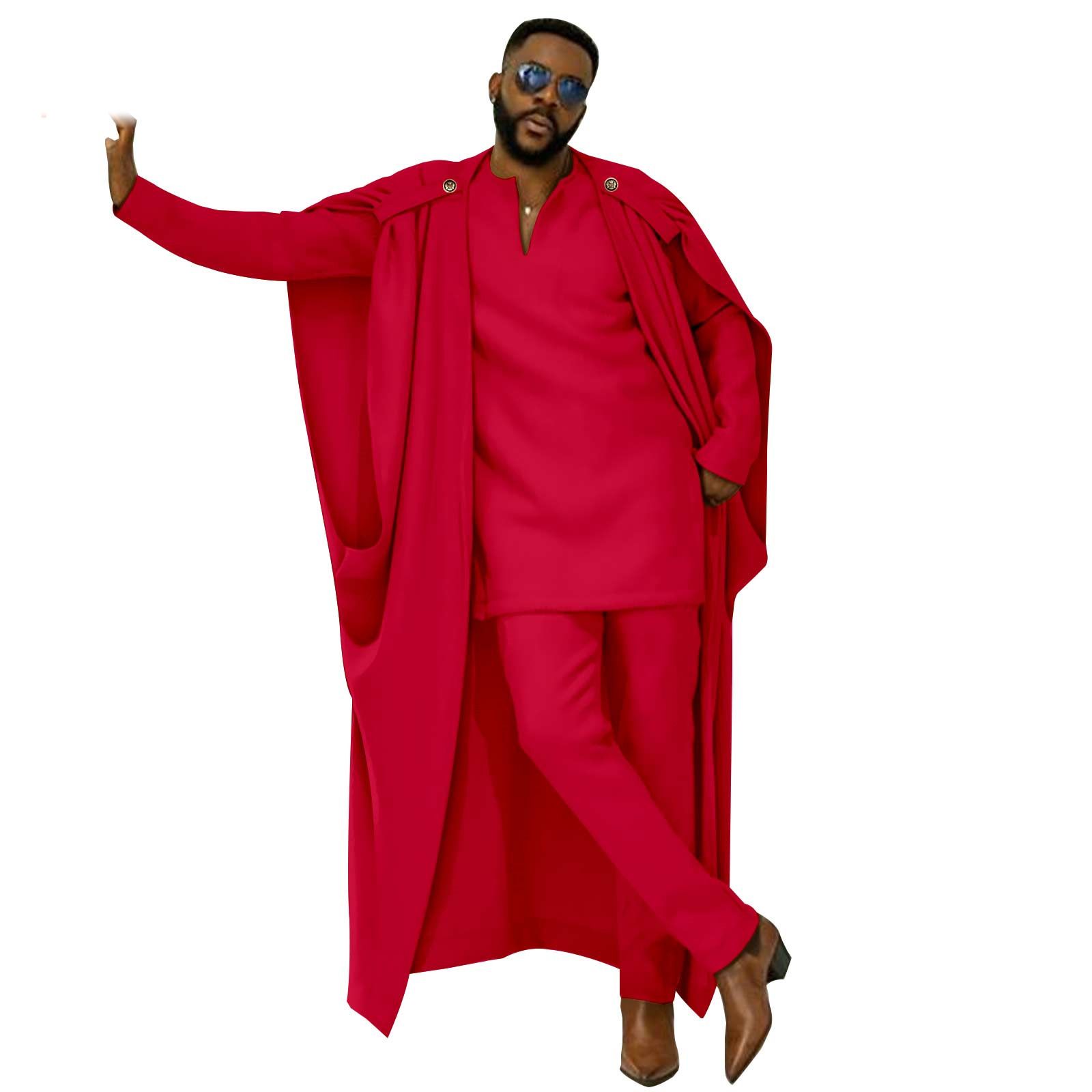 African Clothes for Men Cape V-Neck Full Sleeve Shirts Pants 3 Piece Set Agbada Robe Wedding Evening Outfits