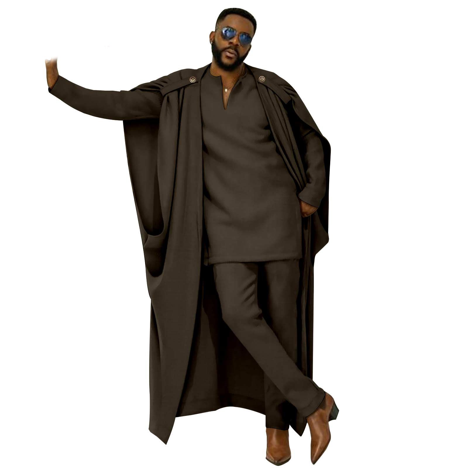 African Clothes for Men Cape V-Neck Full Sleeve Shirts Pants 3 Piece Set Agbada Robe Wedding Evening Outfits