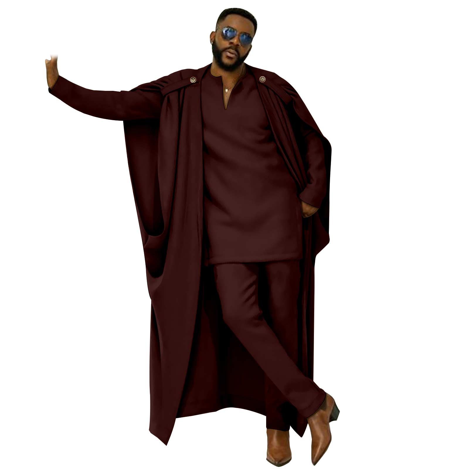 African Clothes for Men Cape V-Neck Full Sleeve Shirts Pants 3 Piece Set Agbada Robe Wedding Evening Outfits