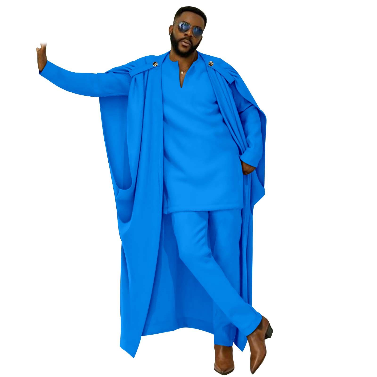 African Clothes for Men Cape V-Neck Full Sleeve Shirts Pants 3 Piece Set Agbada Robe Wedding Evening Outfits