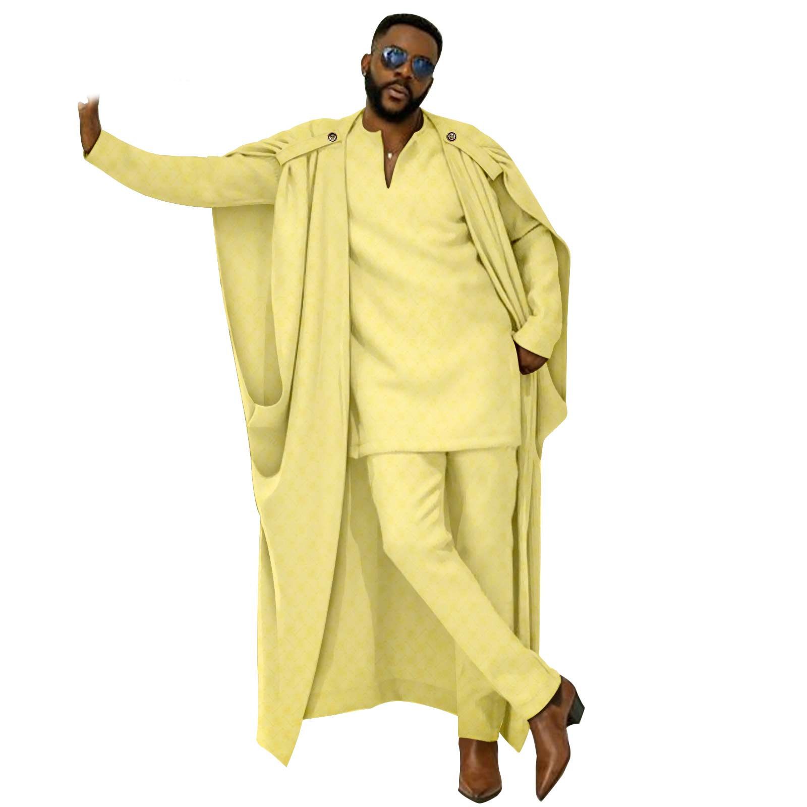 African Clothes for Men Cape V-Neck Full Sleeve Shirts Pants 3 Piece Set Agbada Robe Wedding Evening Outfits