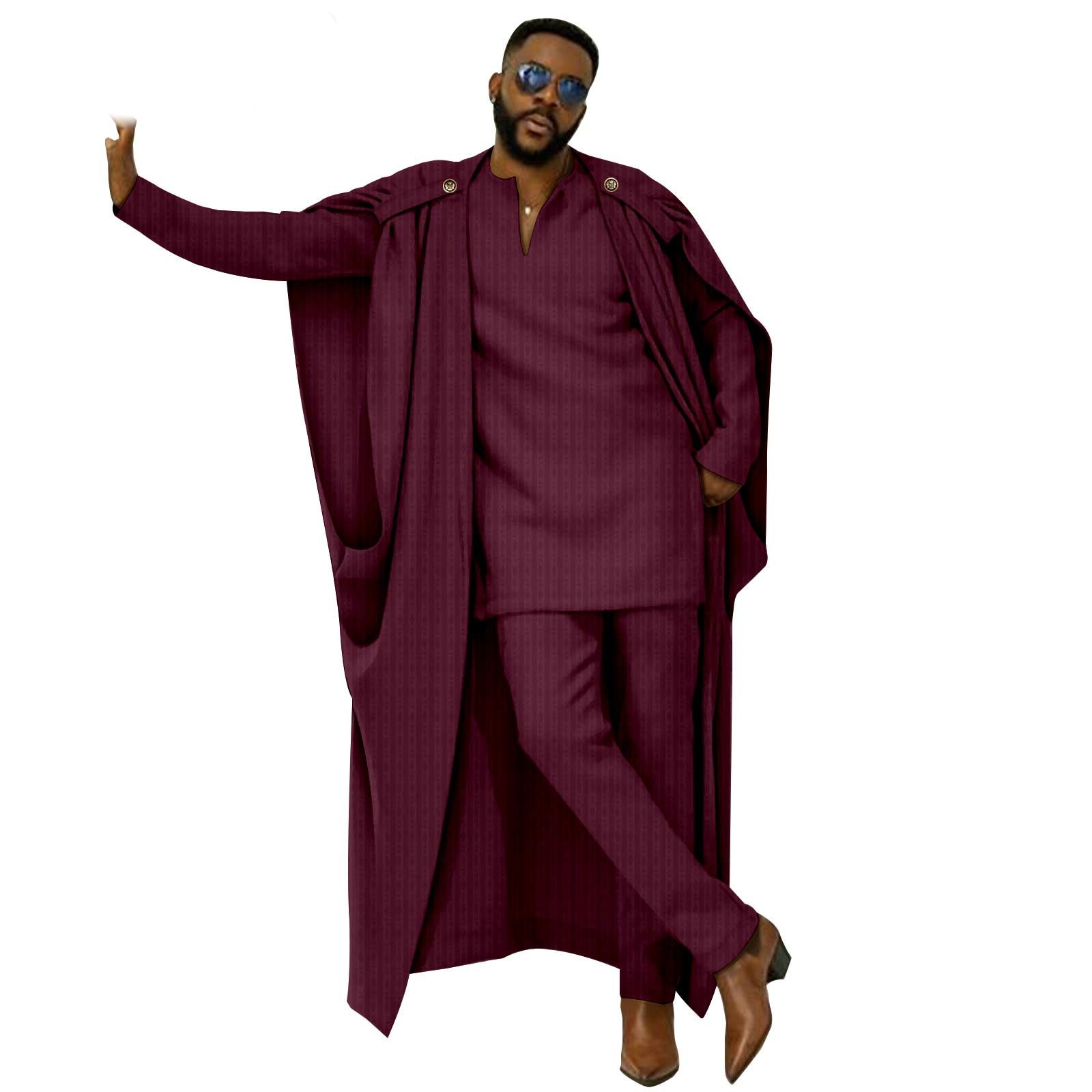 African Clothes for Men Cape V-Neck Full Sleeve Shirts Pants 3 Piece Set Agbada Robe Wedding Evening Outfits