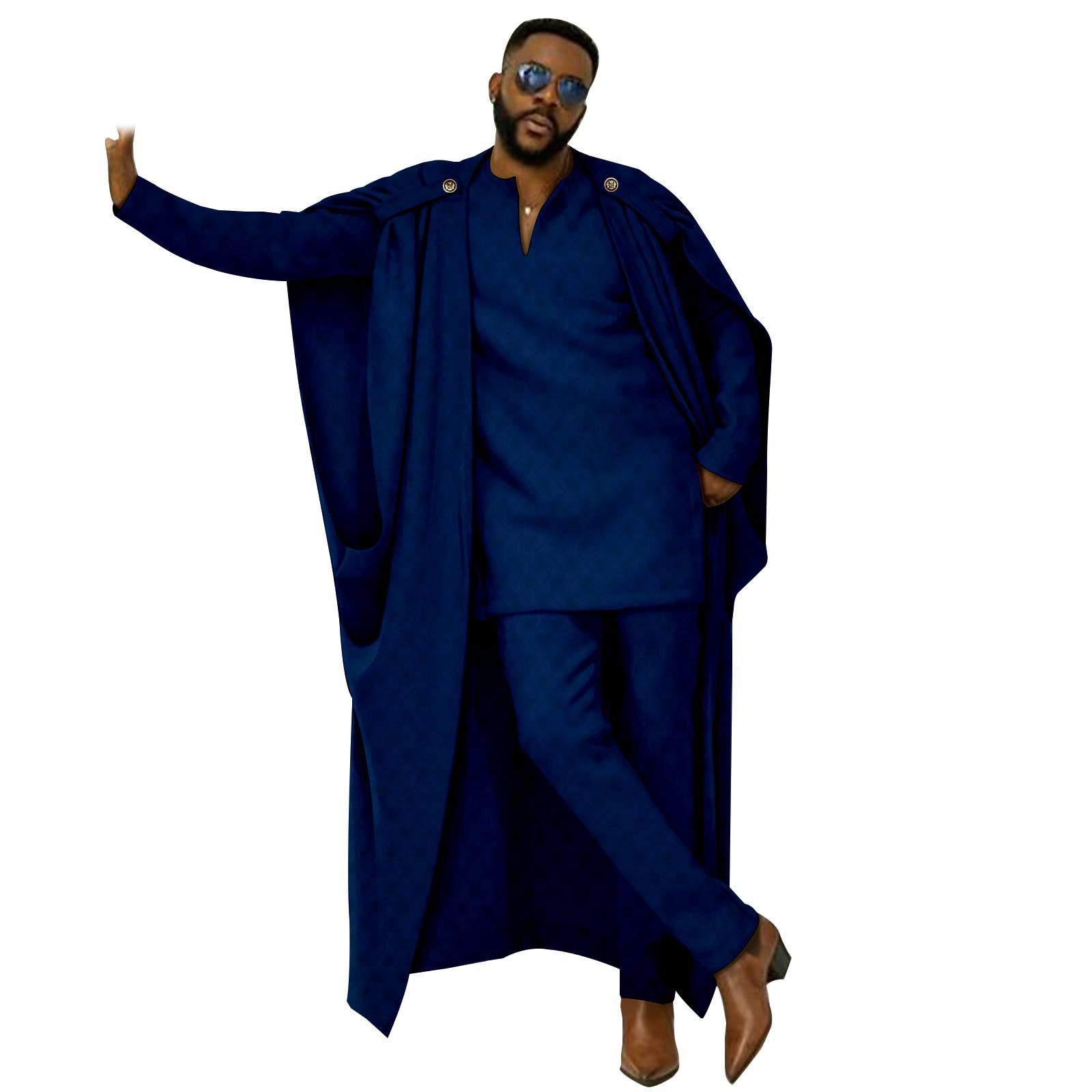 African Clothes for Men Cape V-Neck Full Sleeve Shirts Pants 3 Piece Set Agbada Robe Wedding Evening Outfits