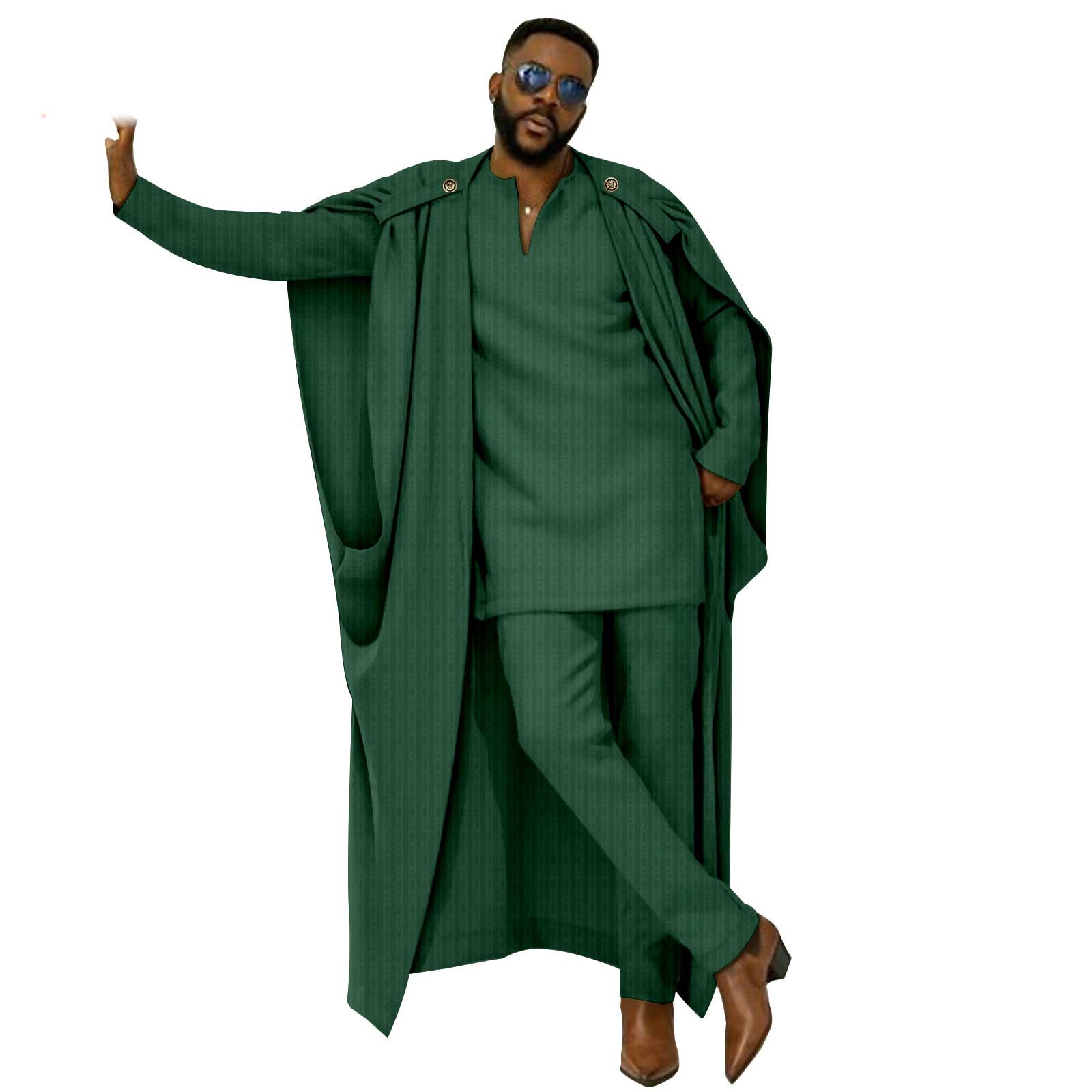 African Clothes for Men Cape V-Neck Full Sleeve Shirts Pants 3 Piece Set Agbada Robe Wedding Evening Outfits