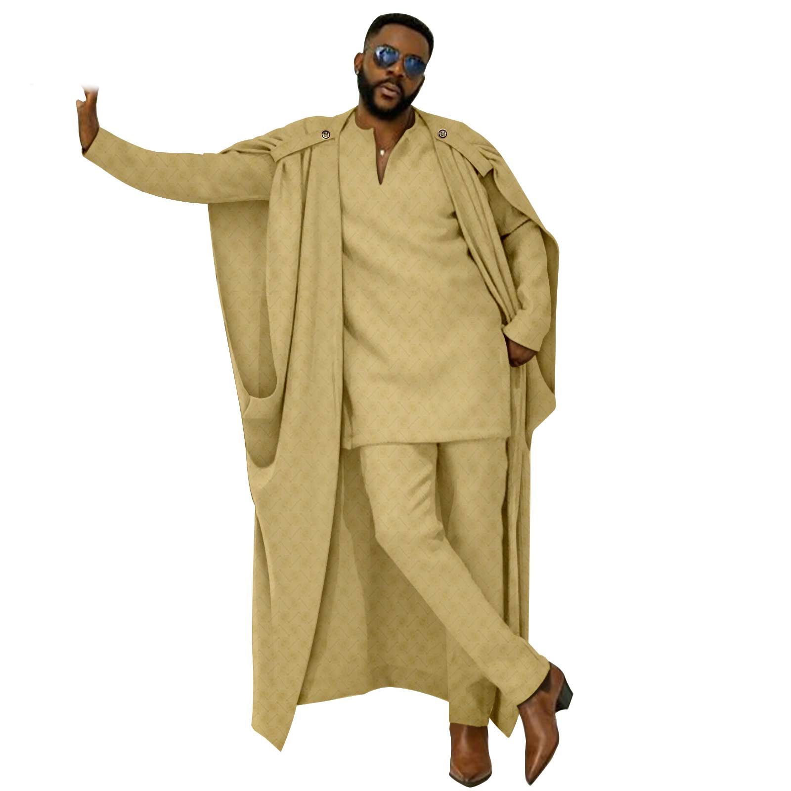 African Clothes for Men Cape V-Neck Full Sleeve Shirts Pants 3 Piece Set Agbada Robe Wedding Evening Outfits