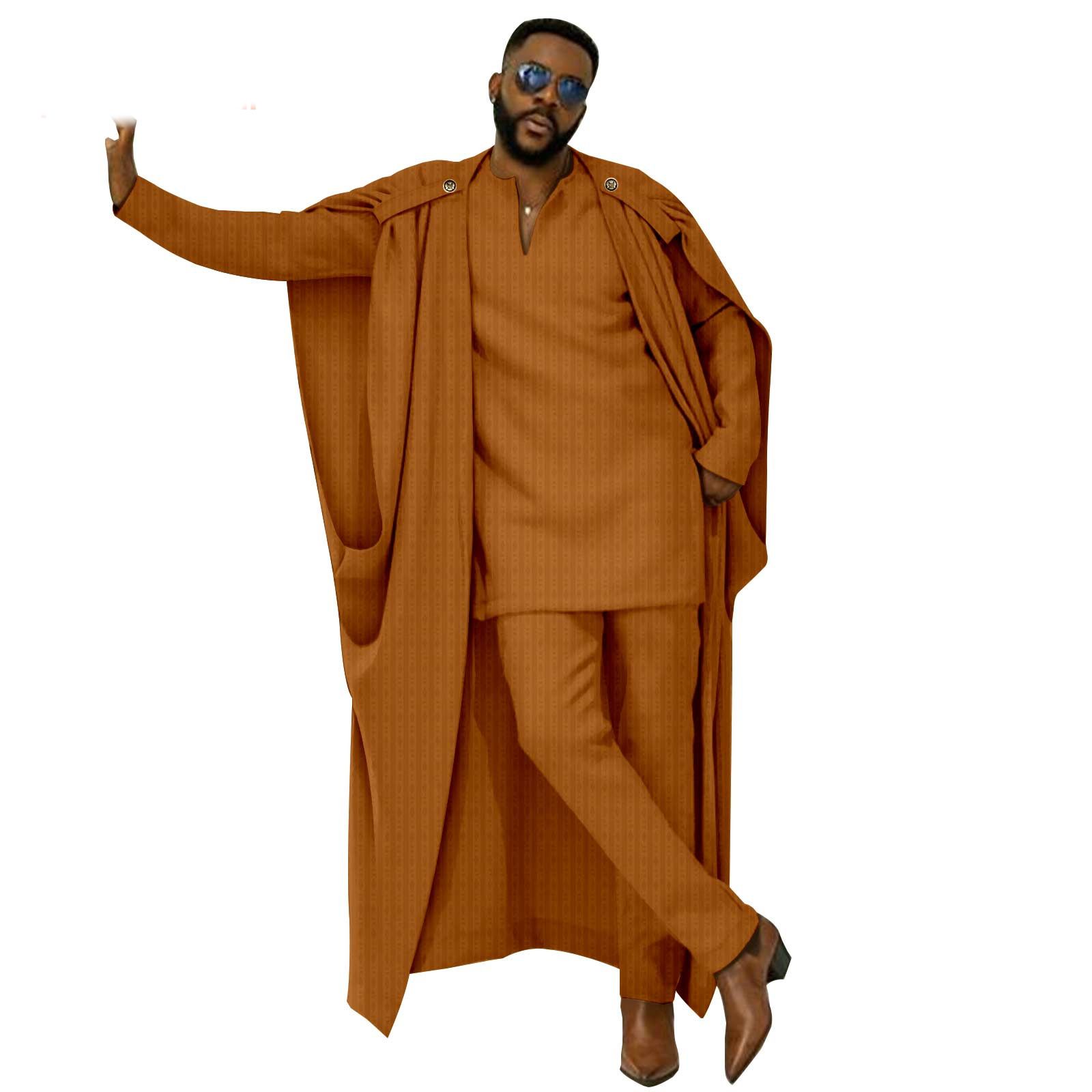African Clothes for Men Cape V-Neck Full Sleeve Shirts Pants 3 Piece Set Agbada Robe Wedding Evening Outfits