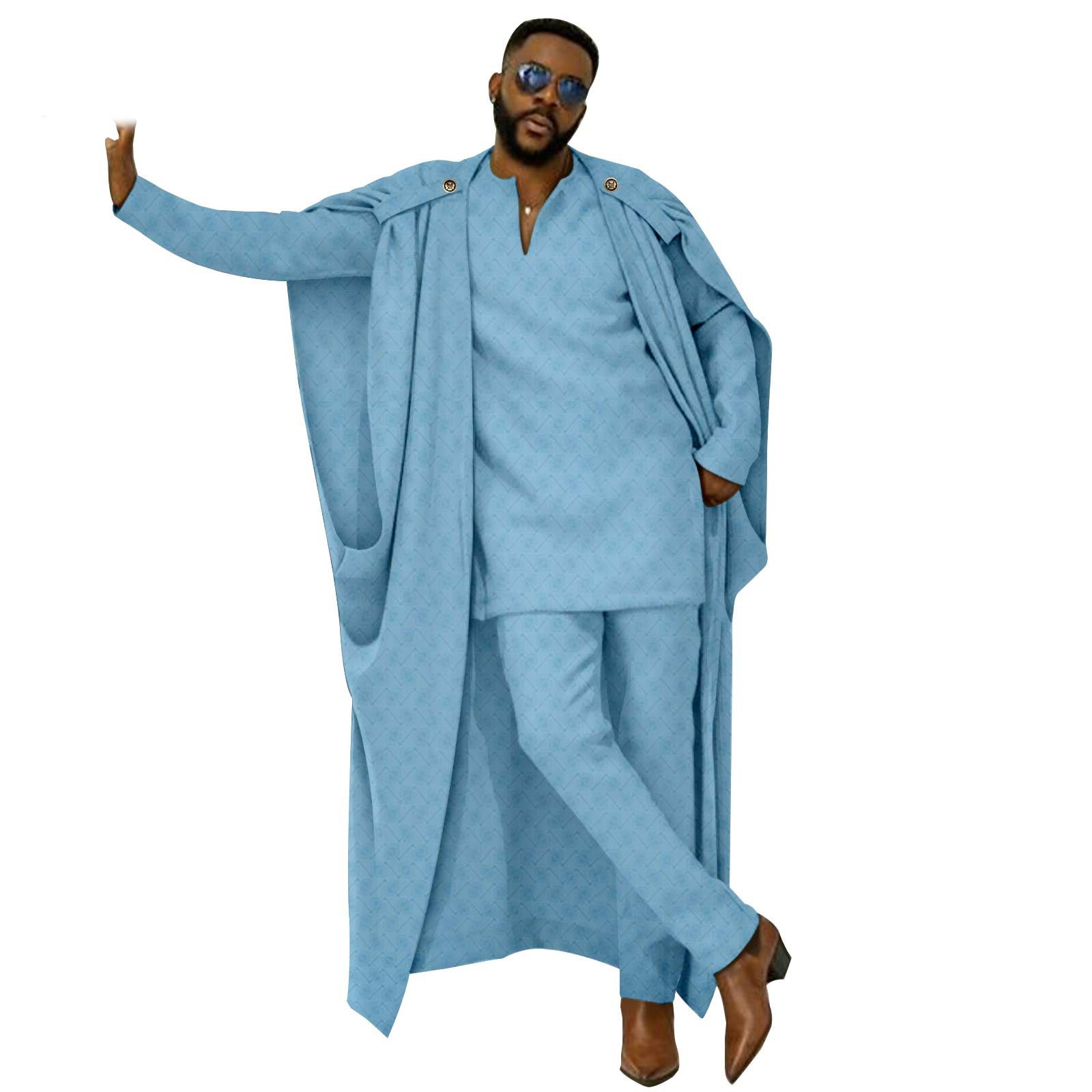African Clothes for Men Cape V-Neck Full Sleeve Shirts Pants 3 Piece Set Agbada Robe Wedding Evening Outfits
