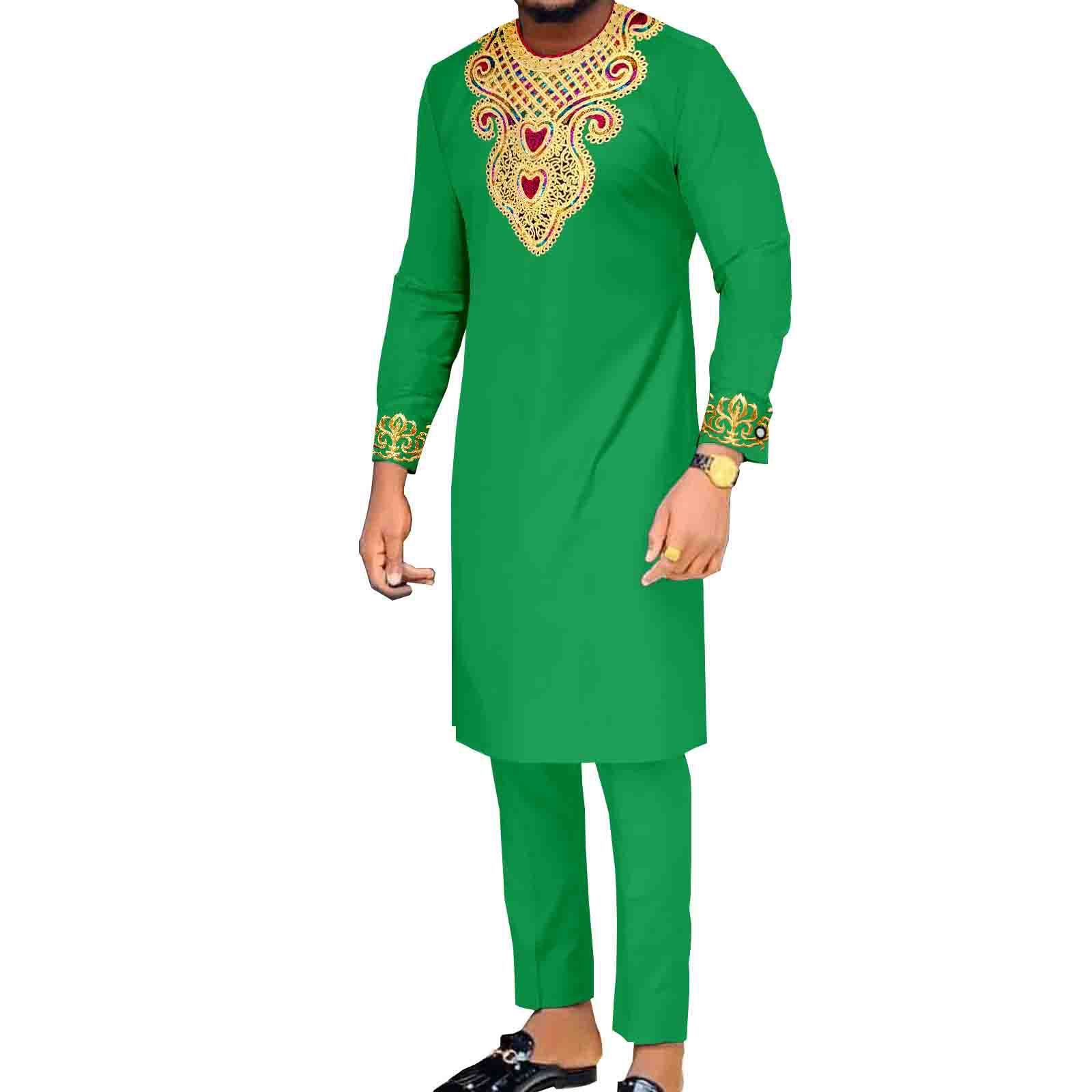 African Suits for Men Embroidery Shirts and Pants 2 Piece Set Dashiki Outfits Tribal Kaftan for Wedding