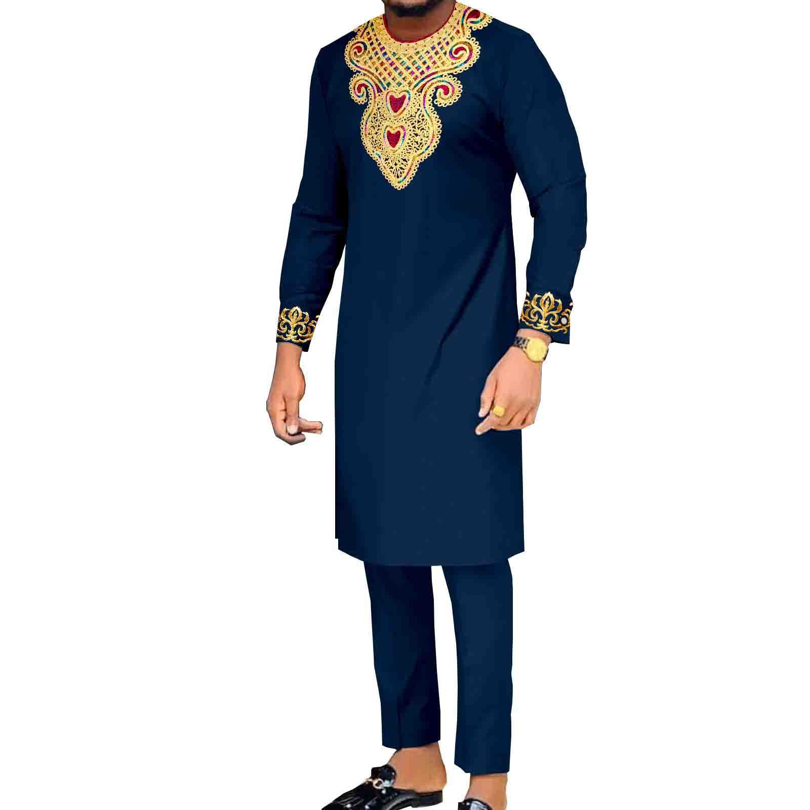 African Suits for Men Embroidery Shirts and Pants 2 Piece Set Dashiki Outfits Tribal Kaftan for Wedding