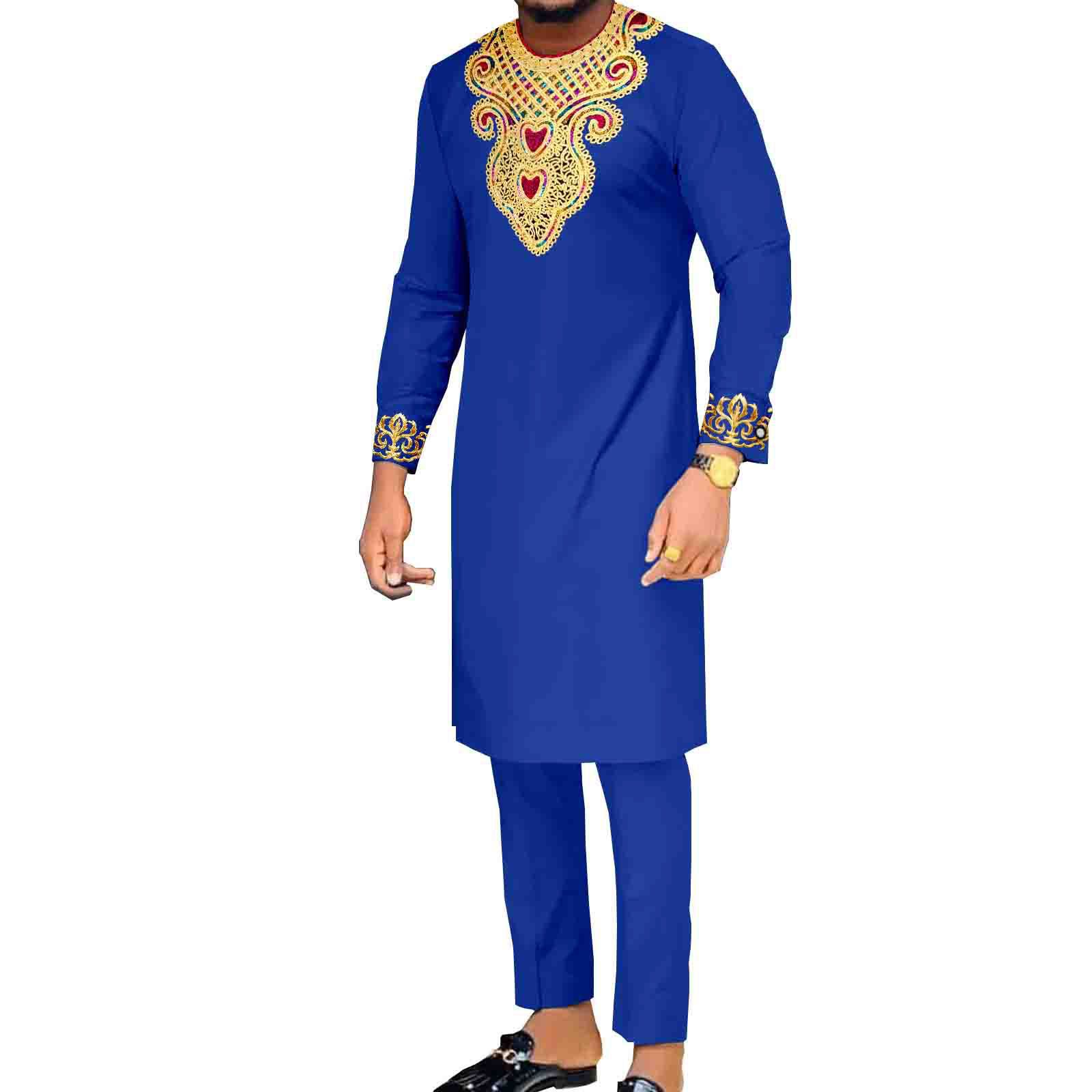 African Suits for Men Embroidery Shirts and Pants 2 Piece Set Dashiki Outfits Tribal Kaftan for Wedding