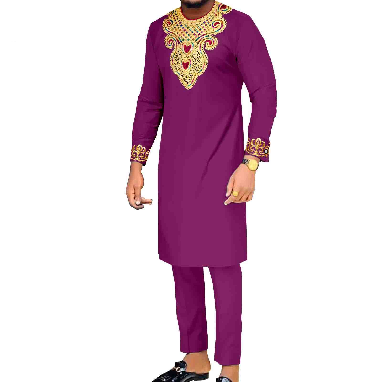 African Suits for Men Embroidery Shirts and Pants 2 Piece Set Dashiki Outfits Tribal Kaftan for Wedding