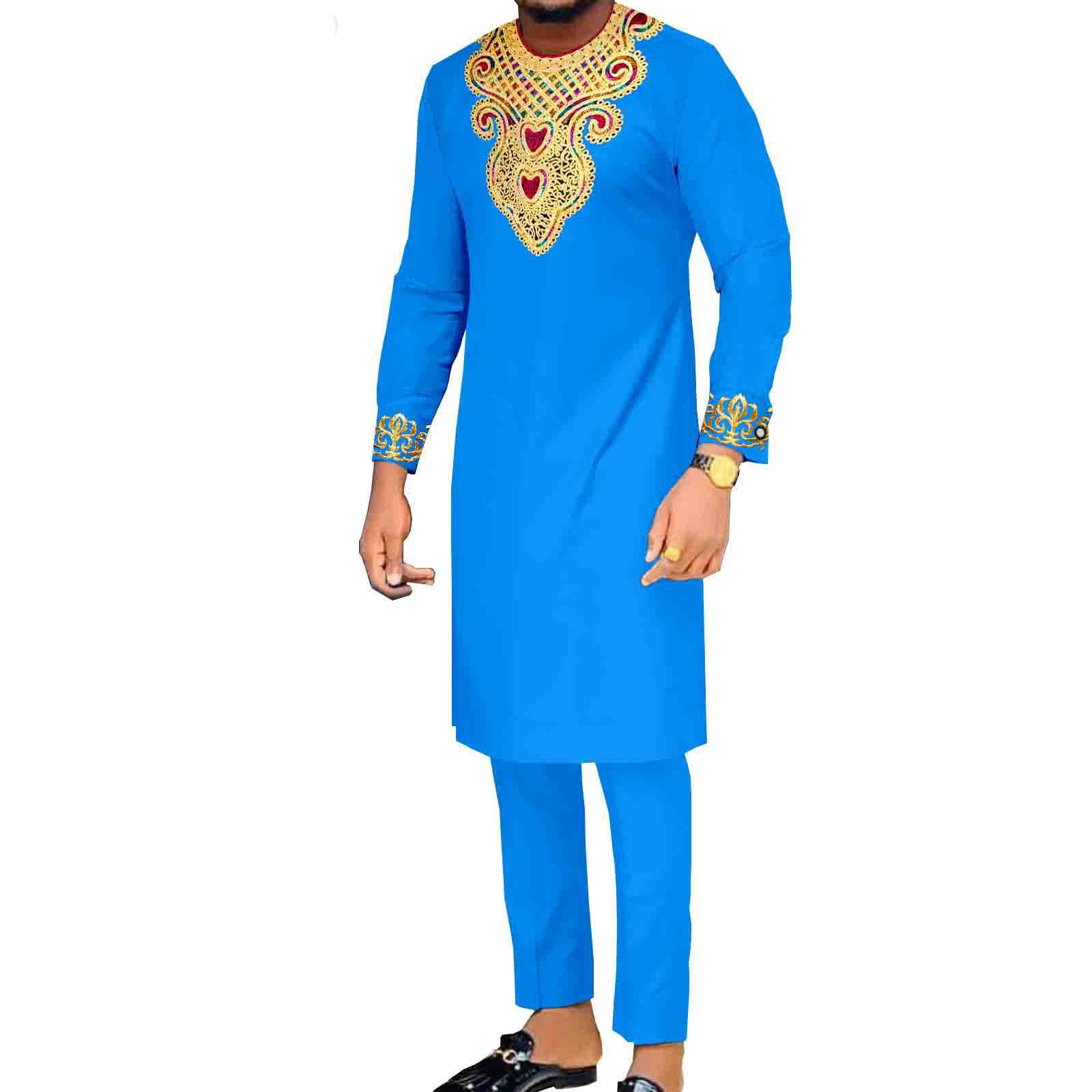 African Suits for Men Embroidery Shirts and Pants 2 Piece Set Dashiki Outfits Tribal Kaftan for Wedding