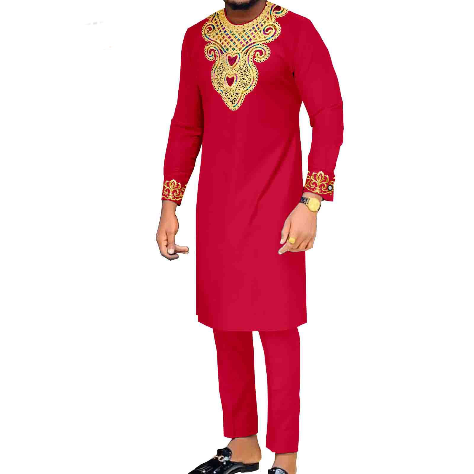 African Suits for Men Embroidery Shirts and Pants 2 Piece Set Dashiki Outfits Tribal Kaftan for Wedding