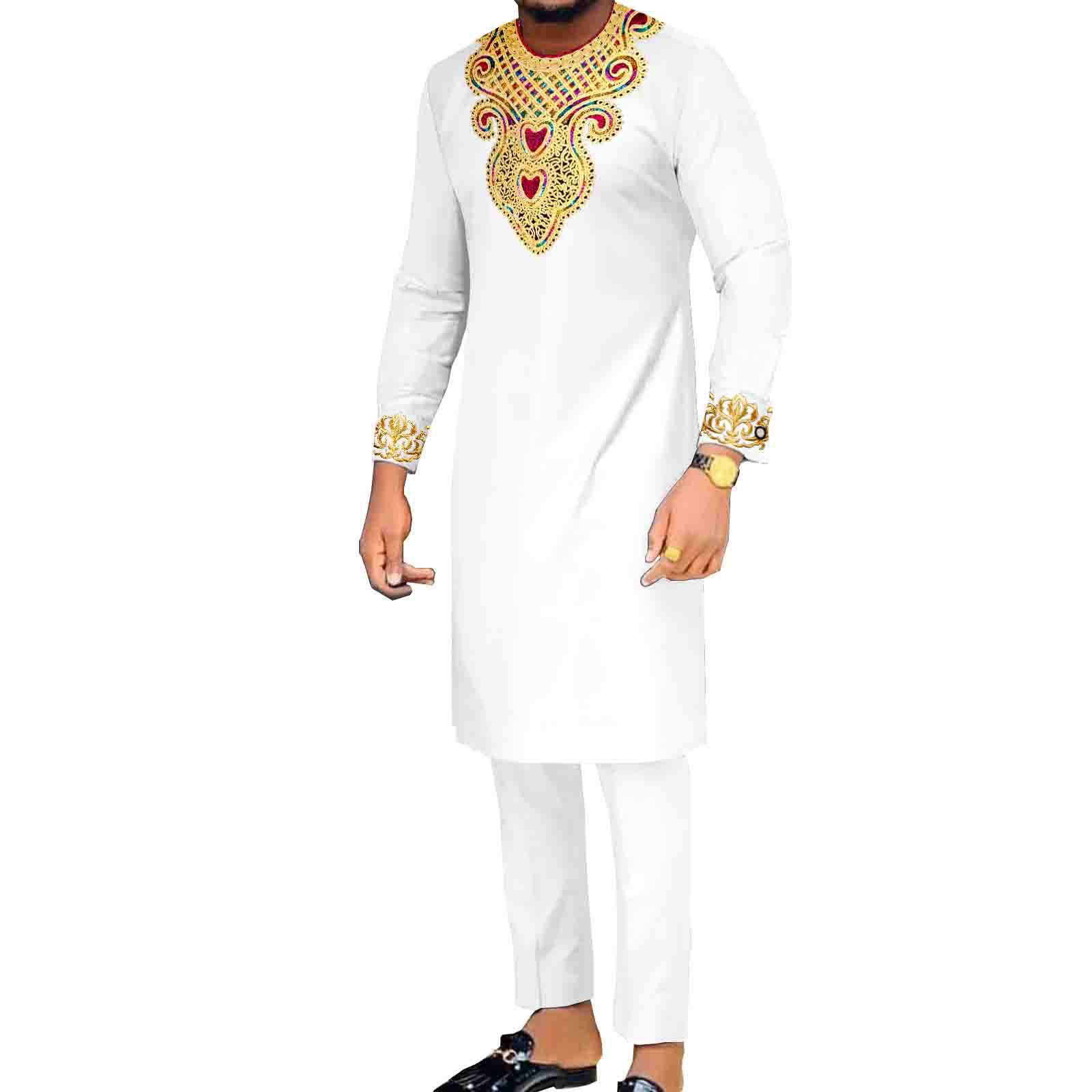 African Suits for Men Embroidery Shirts and Pants 2 Piece Set Dashiki Outfits Tribal Kaftan for Wedding
