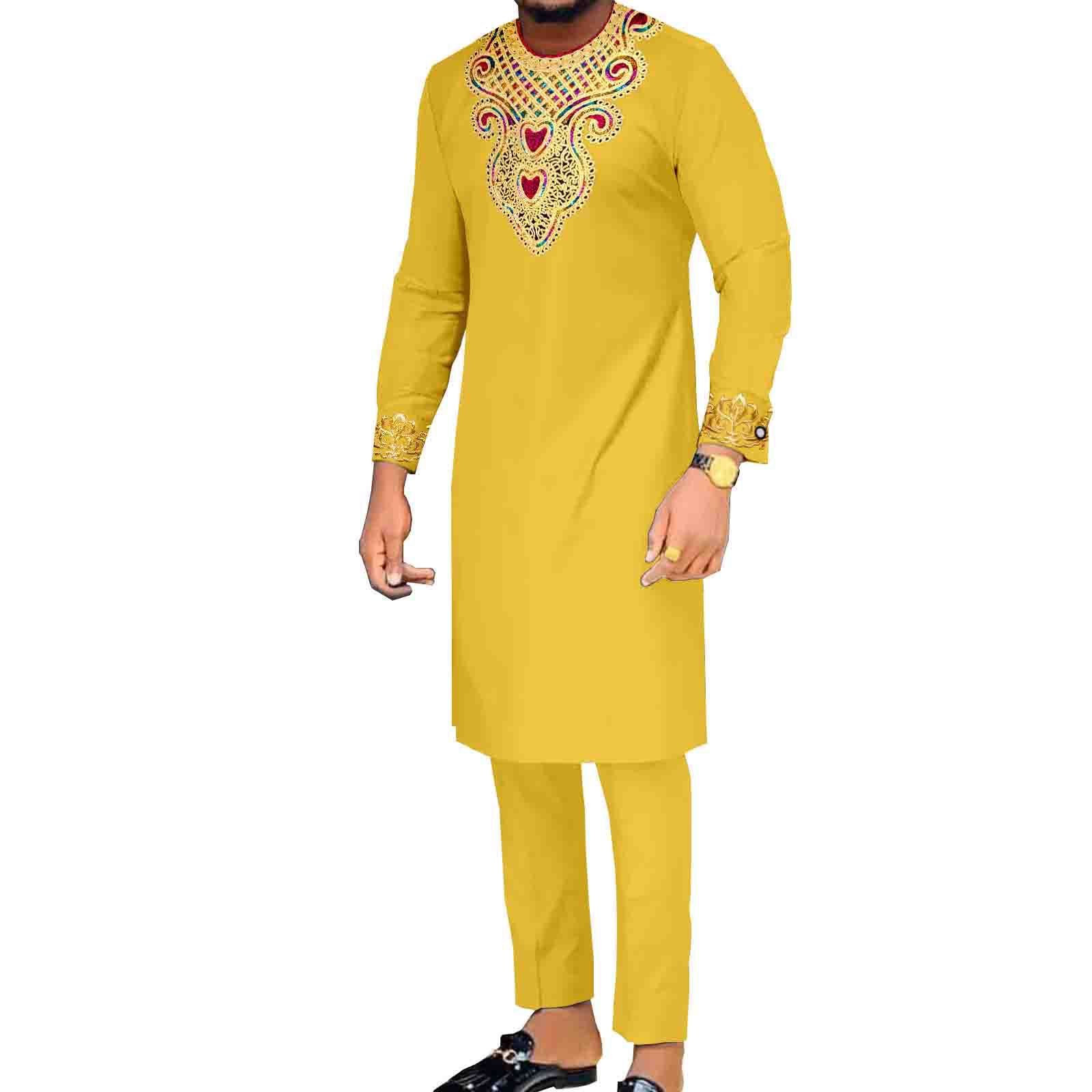African Suits for Men Embroidery Shirts and Pants 2 Piece Set Dashiki Outfits Tribal Kaftan for Wedding