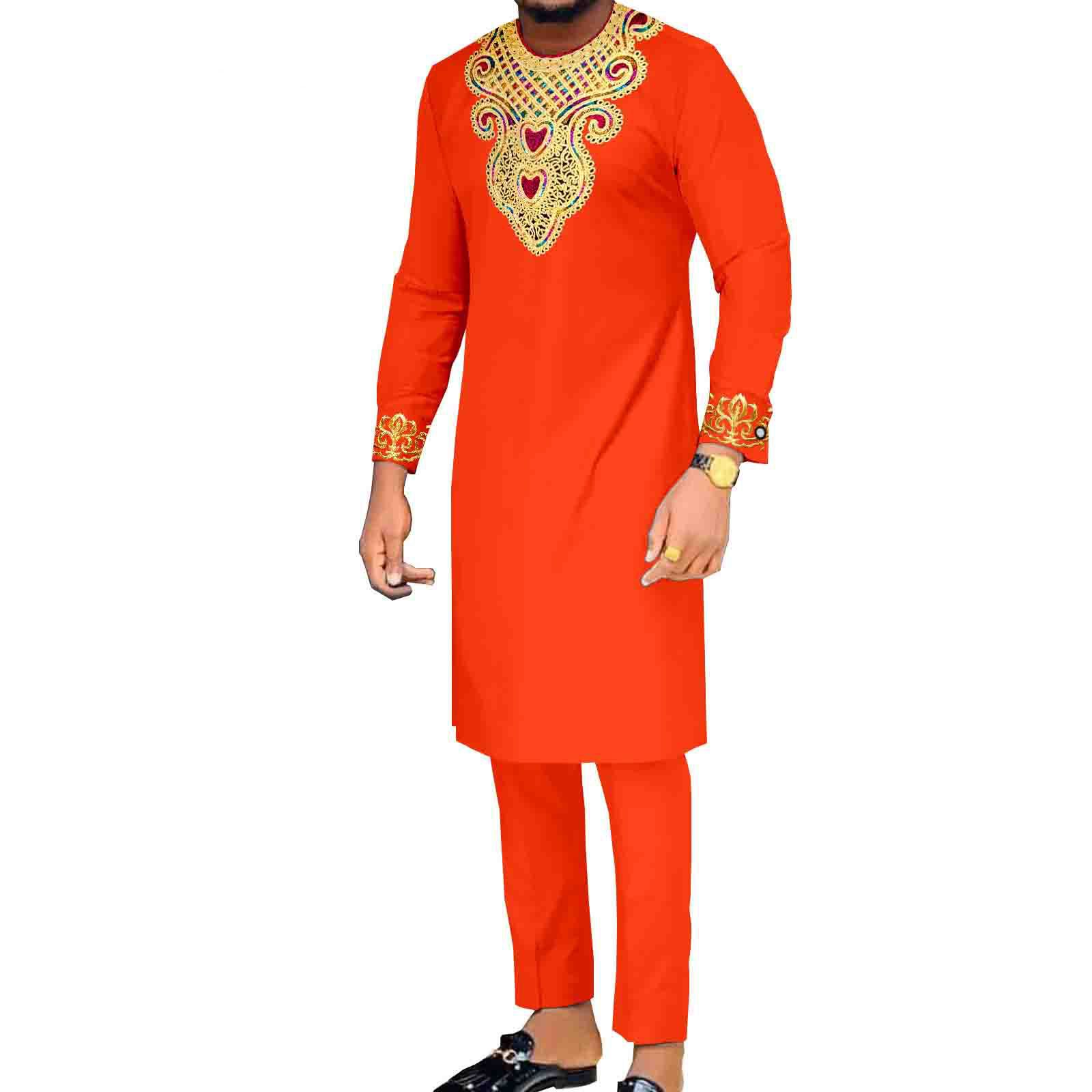 African Suits for Men Embroidery Shirts and Pants 2 Piece Set Dashiki Outfits Tribal Kaftan for Wedding