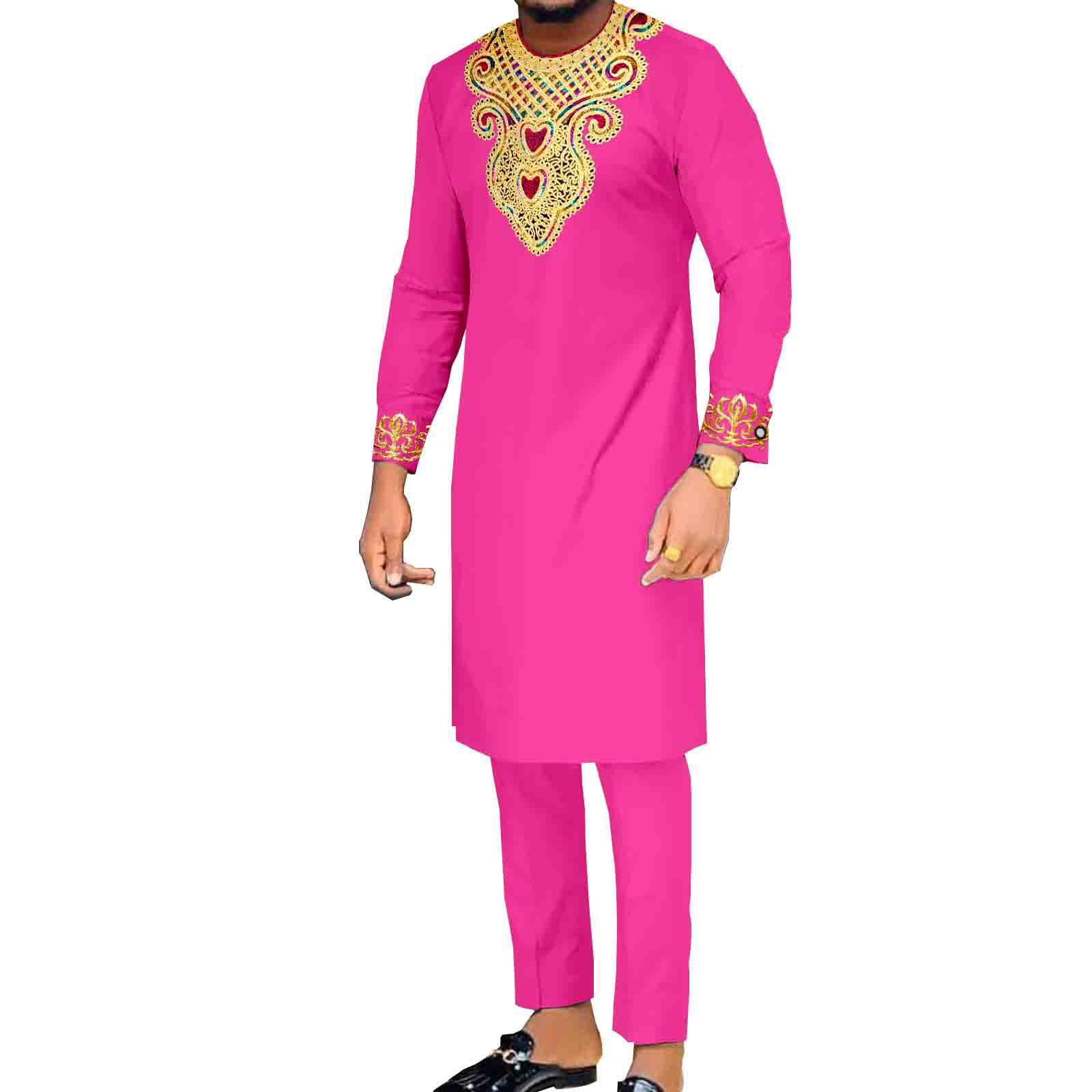 African Suits for Men Embroidery Shirts and Pants 2 Piece Set Dashiki Outfits Tribal Kaftan for Wedding
