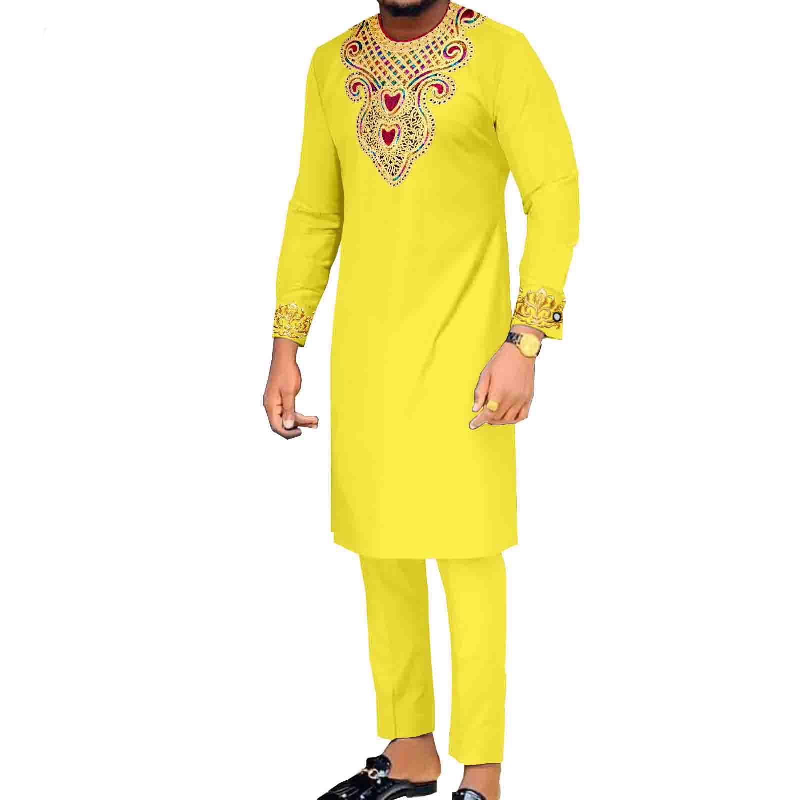 African Suits for Men Embroidery Shirts and Pants 2 Piece Set Dashiki Outfits Tribal Kaftan for Wedding