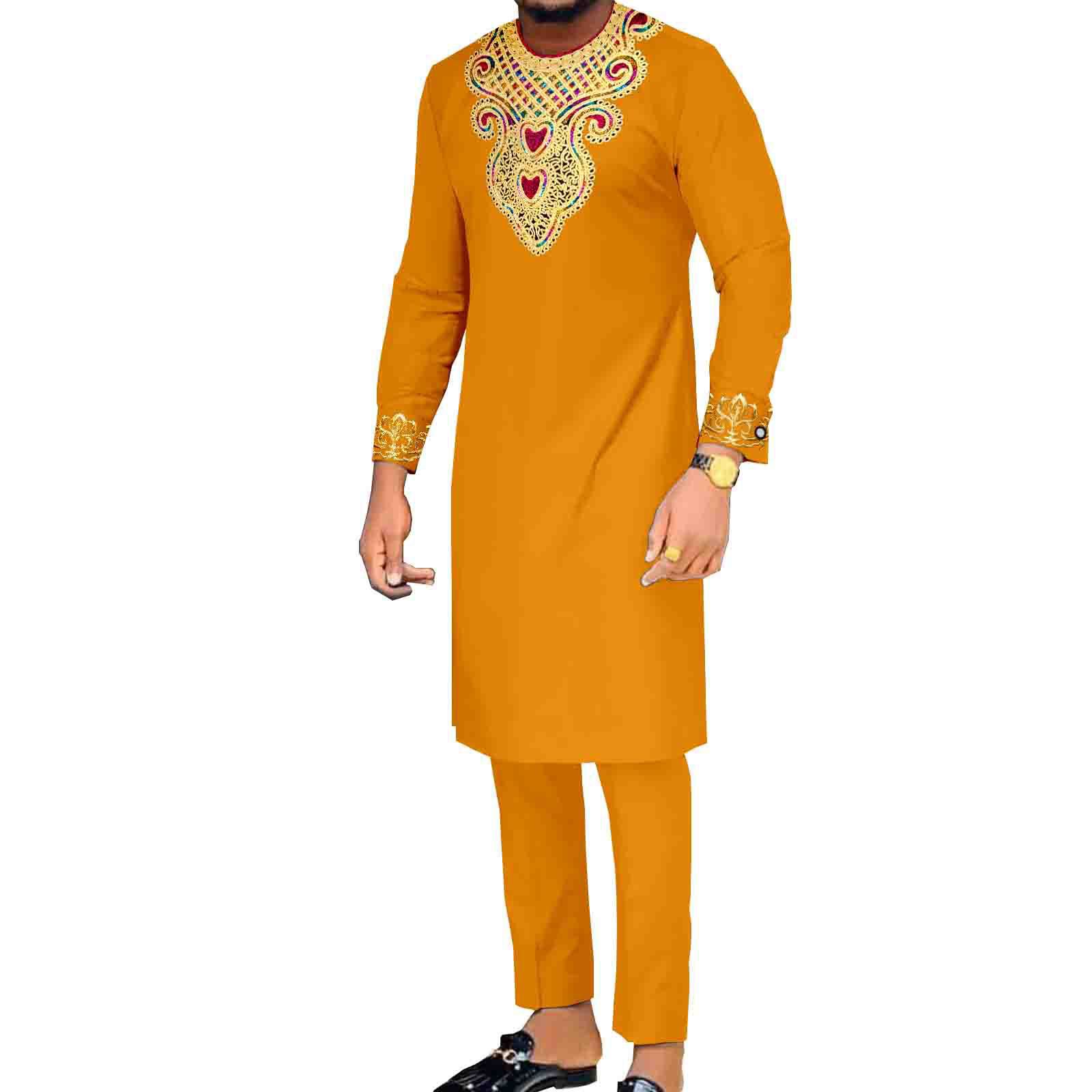 African Suits for Men Embroidery Shirts and Pants 2 Piece Set Dashiki Outfits Tribal Kaftan for Wedding