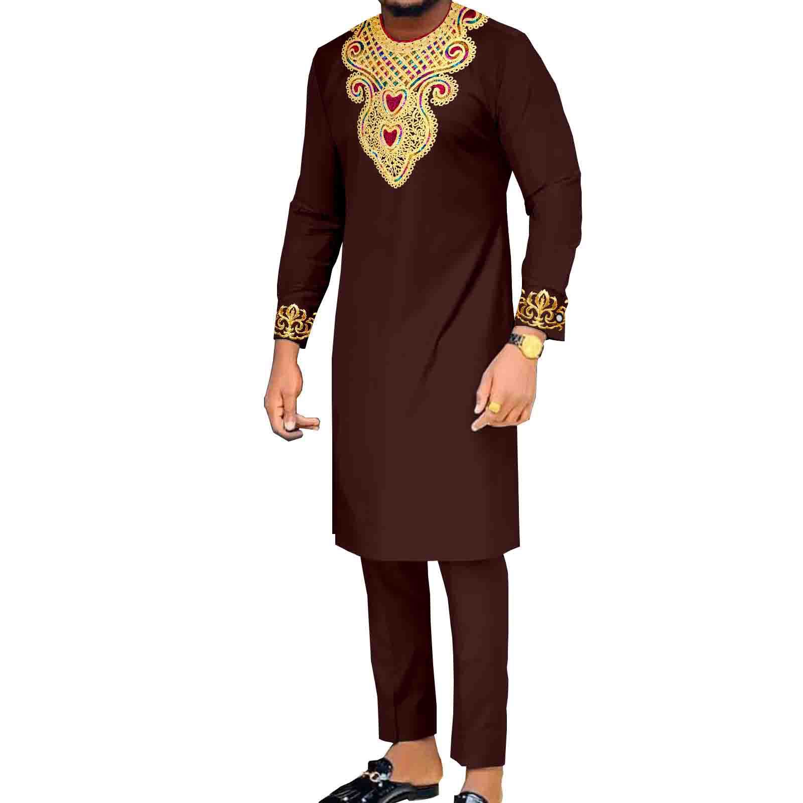 African Suits for Men Embroidery Shirts and Pants 2 Piece Set Dashiki Outfits Tribal Kaftan for Wedding