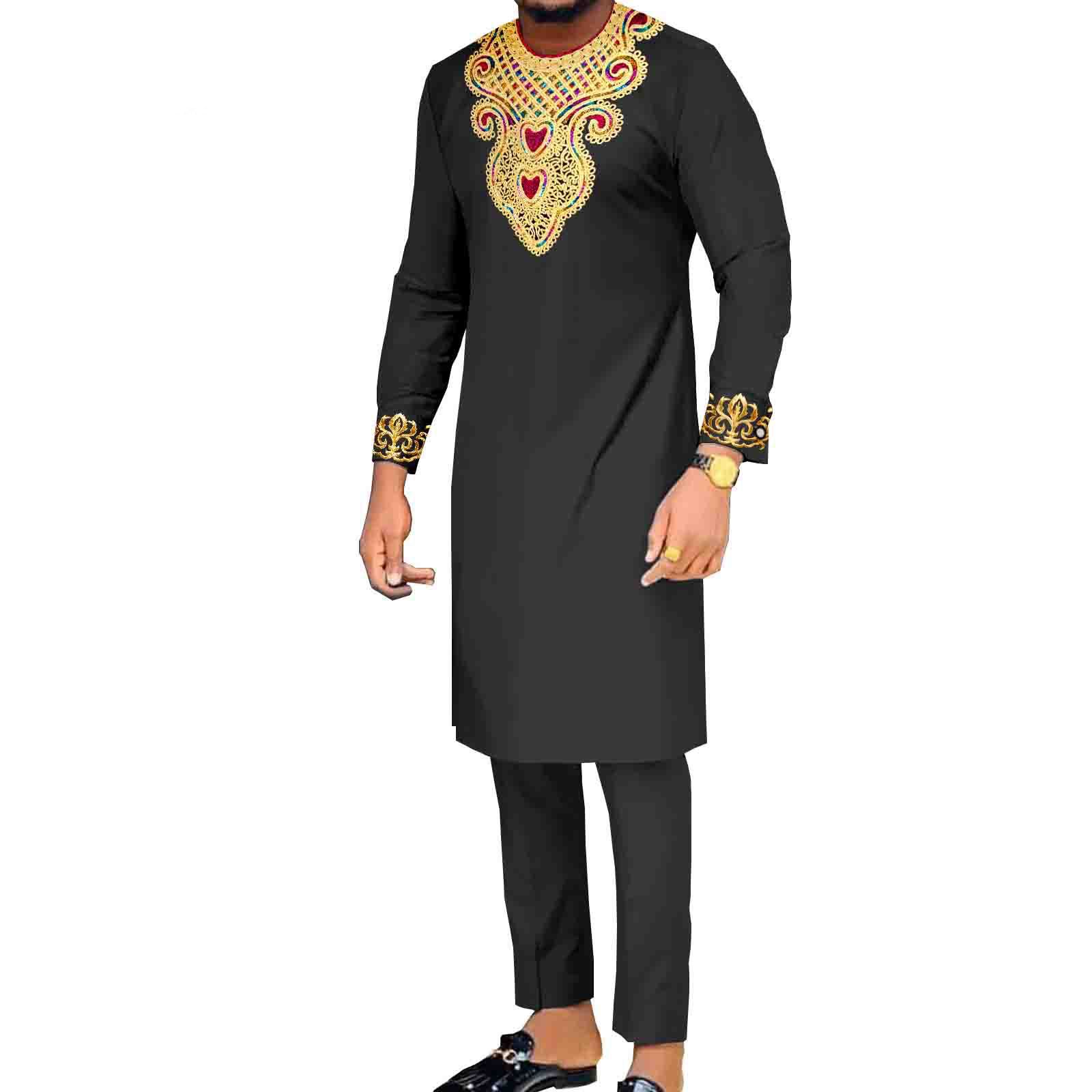 African Suits for Men Embroidery Shirts and Pants 2 Piece Set Dashiki Outfits Tribal Kaftan for Wedding
