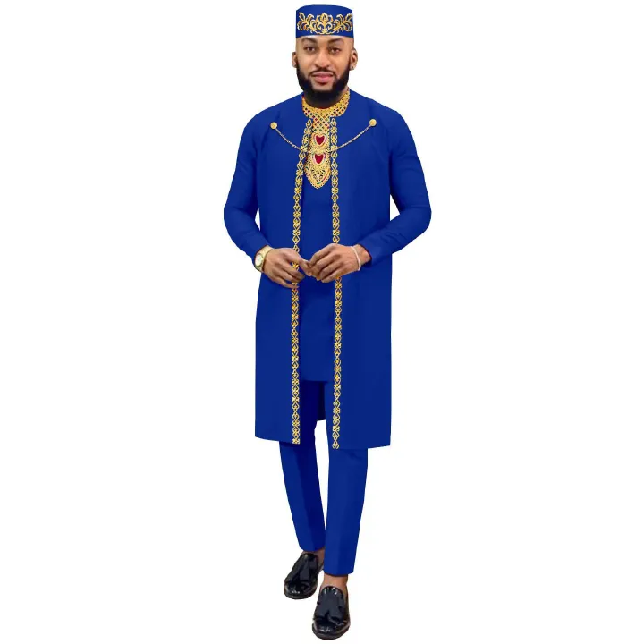 African Suits for Men Agbada Robe Shirts Pants and Tribal Hat Set Dashiki 4 Piece Outfits Traditional Attire