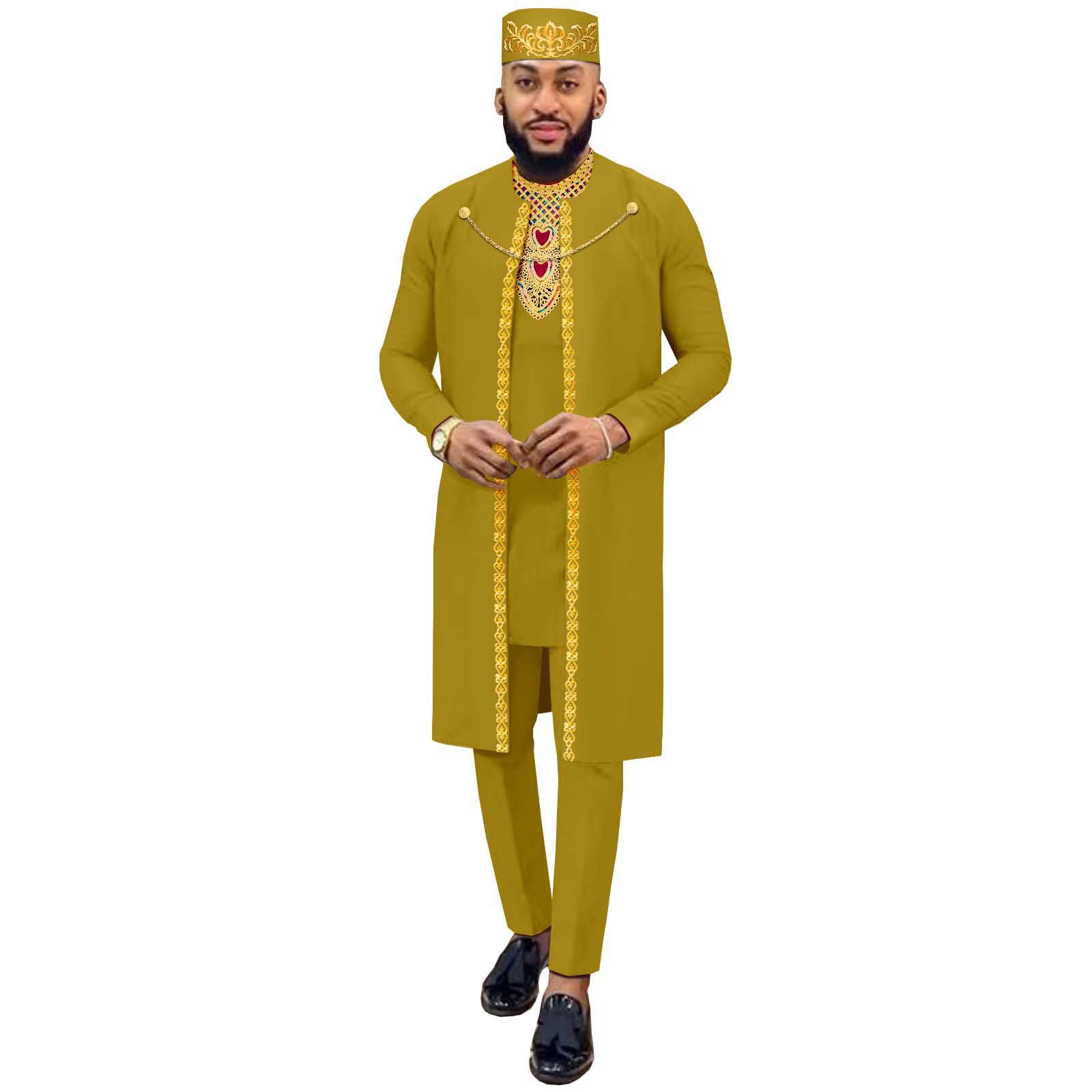 African Suits for Men Agbada Robe Shirts Pants and Tribal Hat Set Dashiki 4 Piece Outfits Traditional Attire