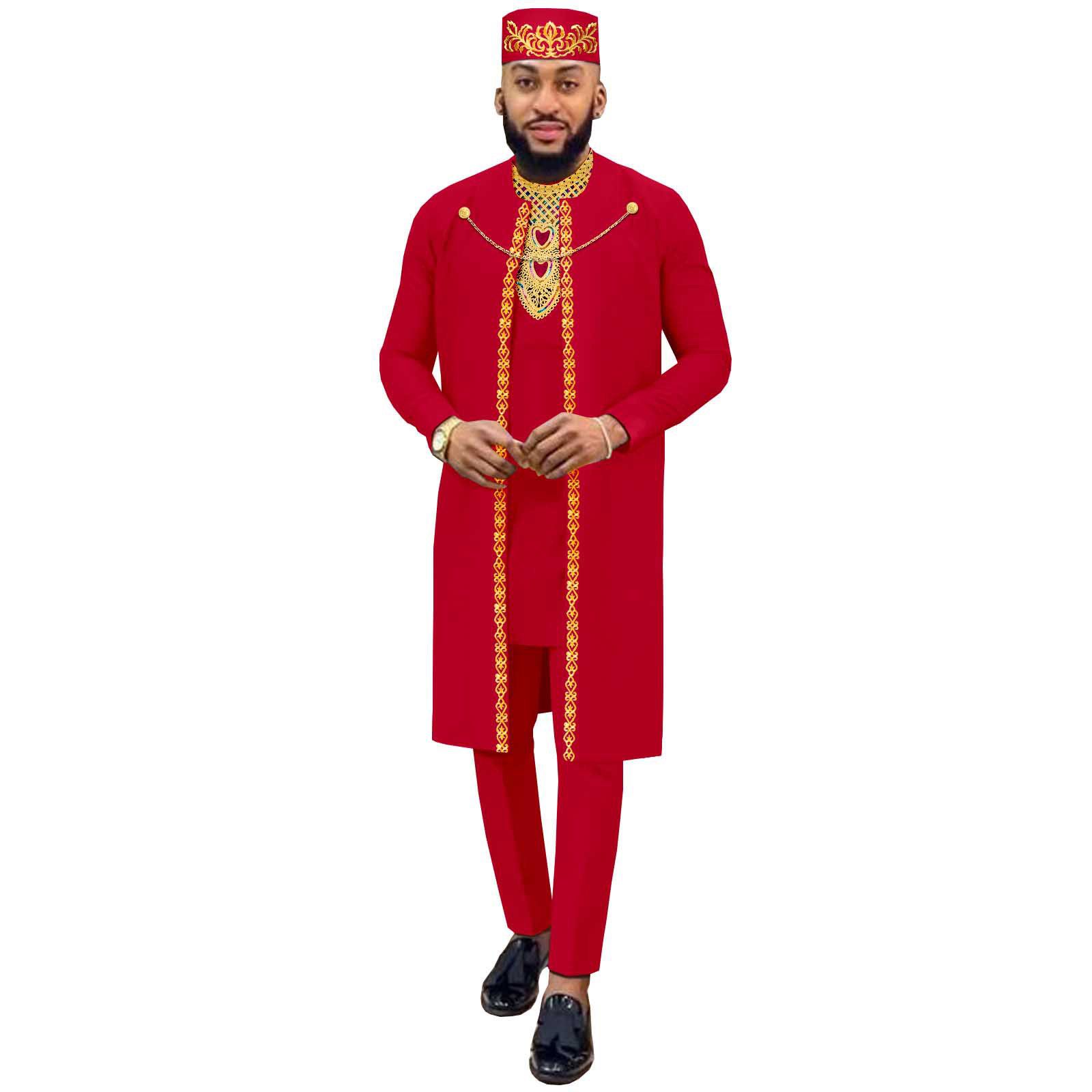 African Suits for Men Agbada Robe Shirts Pants and Tribal Hat Set Dashiki 4 Piece Outfits Traditional Attire