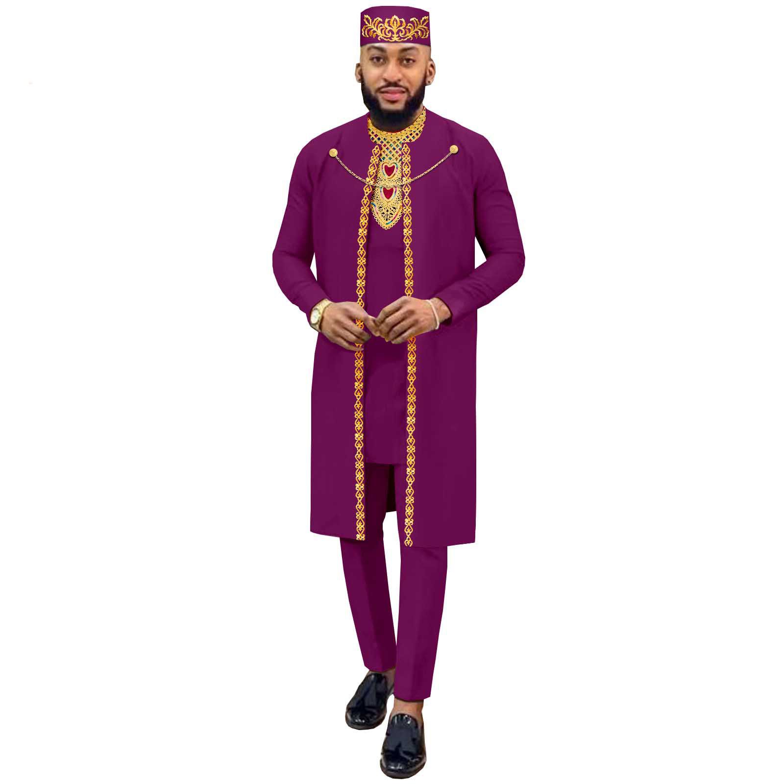 African Suits for Men Agbada Robe Shirts Pants and Tribal Hat Set Dashiki 4 Piece Outfits Traditional Attire