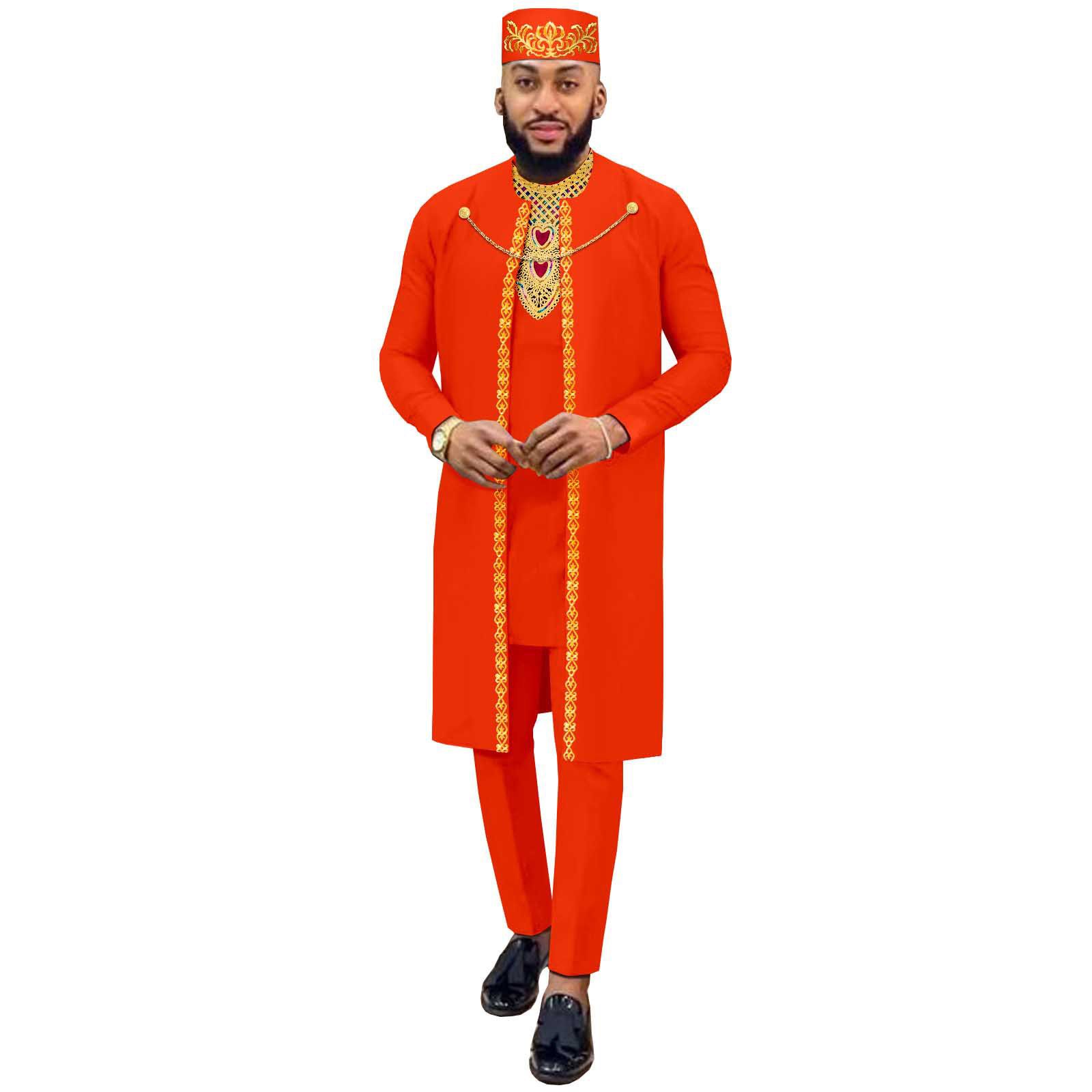 African Suits for Men Agbada Robe Shirts Pants and Tribal Hat Set Dashiki 4 Piece Outfits Traditional Attire