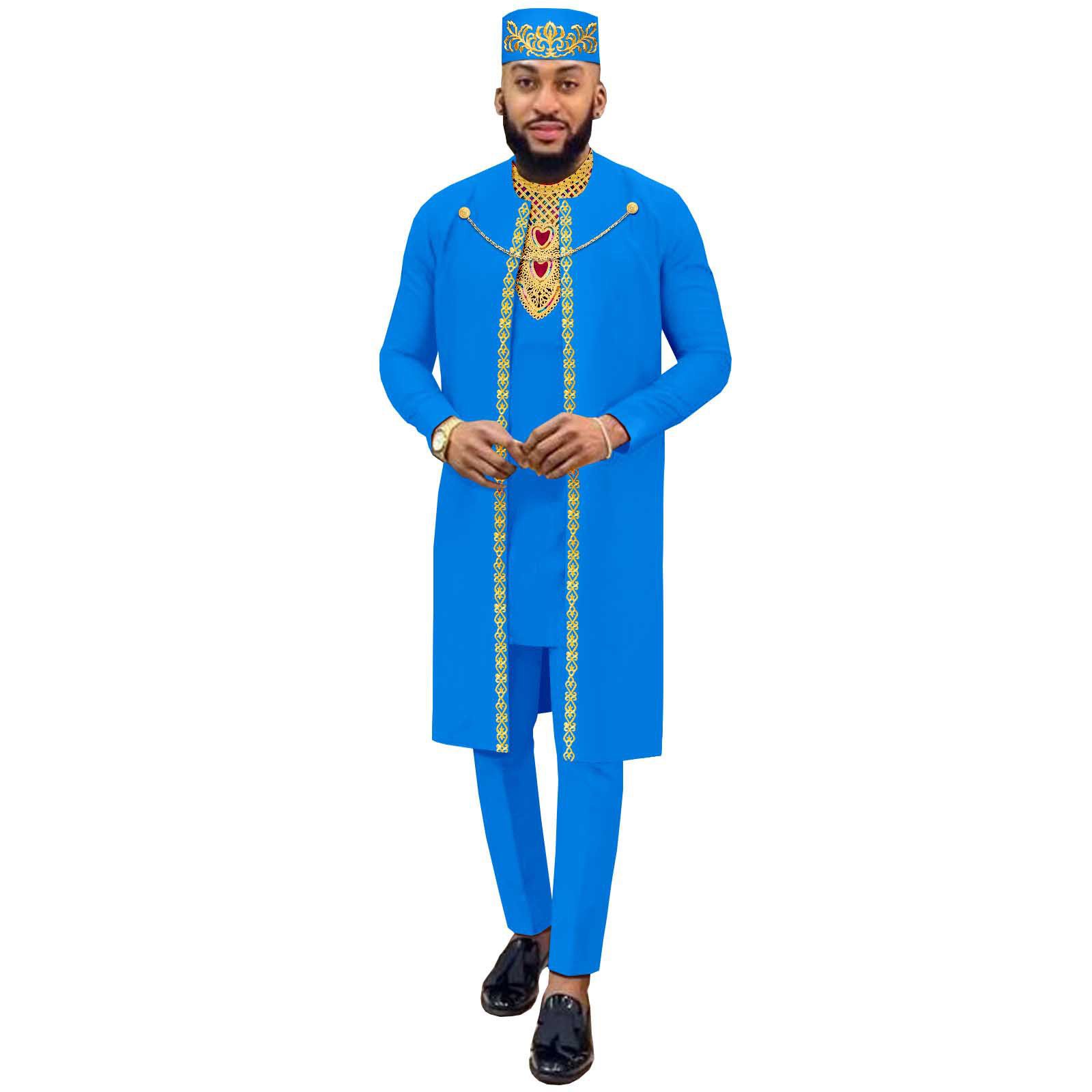 African Suits for Men Agbada Robe Shirts Pants and Tribal Hat Set Dashiki 4 Piece Outfits Traditional Attire