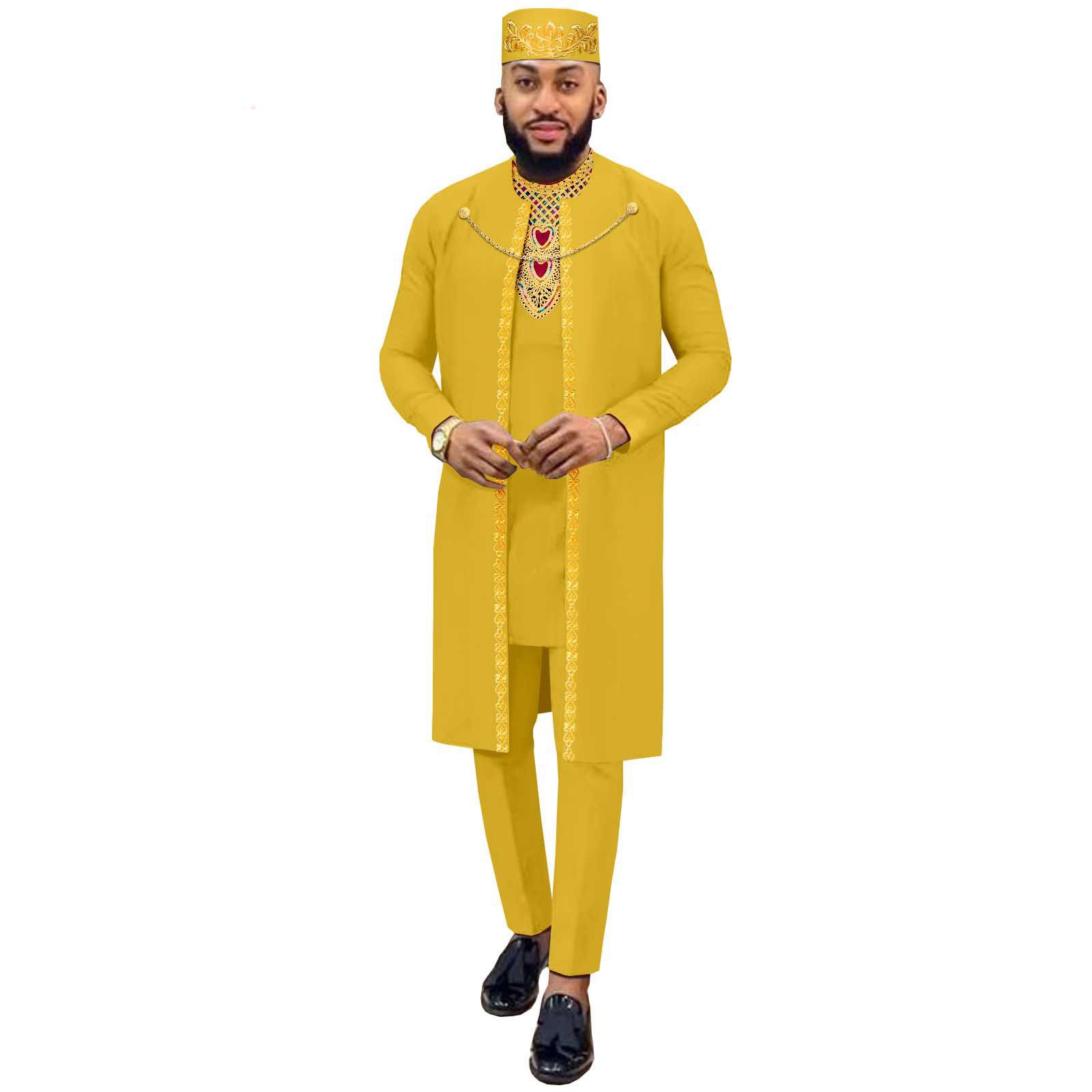 African Suits for Men Agbada Robe Shirts Pants and Tribal Hat Set Dashiki 4 Piece Outfits Traditional Attire