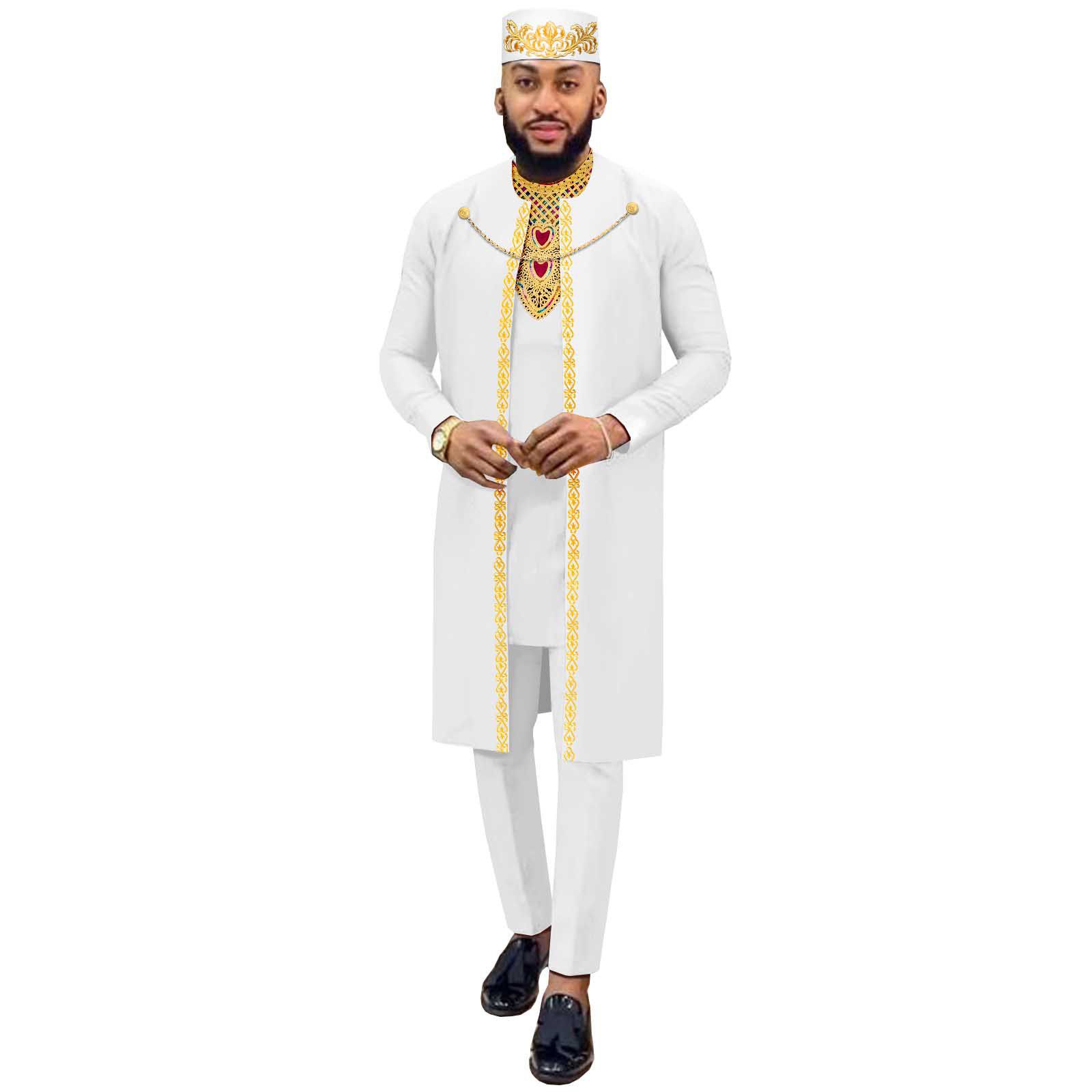 African Suits for Men Agbada Robe Shirts Pants and Tribal Hat Set Dashiki 4 Piece Outfits Traditional Attire