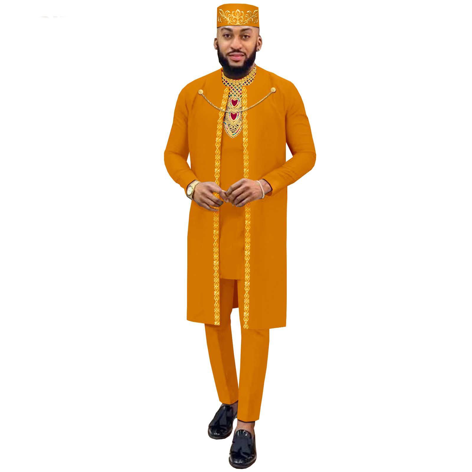 African Suits for Men Agbada Robe Shirts Pants and Tribal Hat Set Dashiki 4 Piece Outfits Traditional Attire