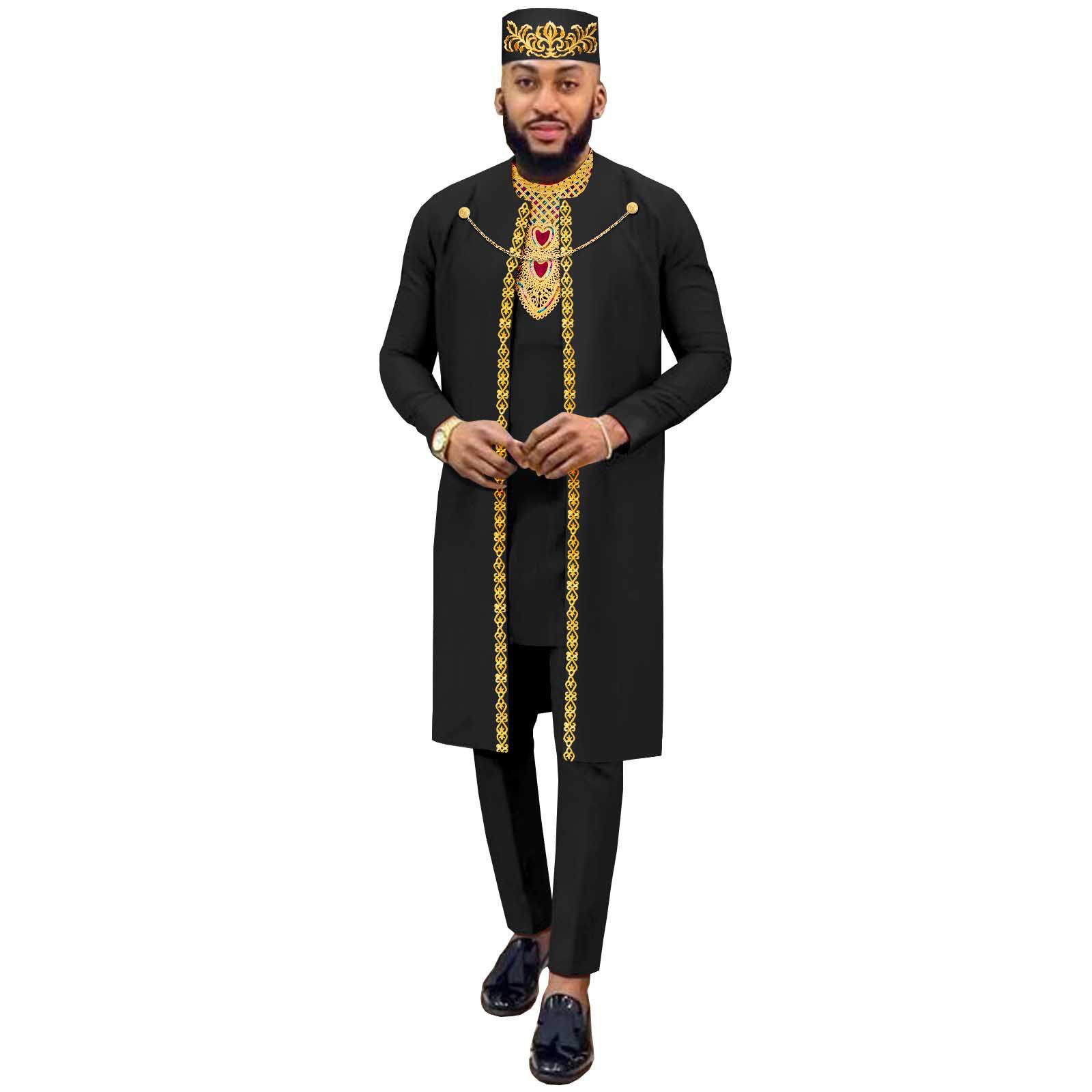 African Suits for Men Agbada Robe Shirts Pants and Tribal Hat Set Dashiki 4 Piece Outfits Traditional Attire