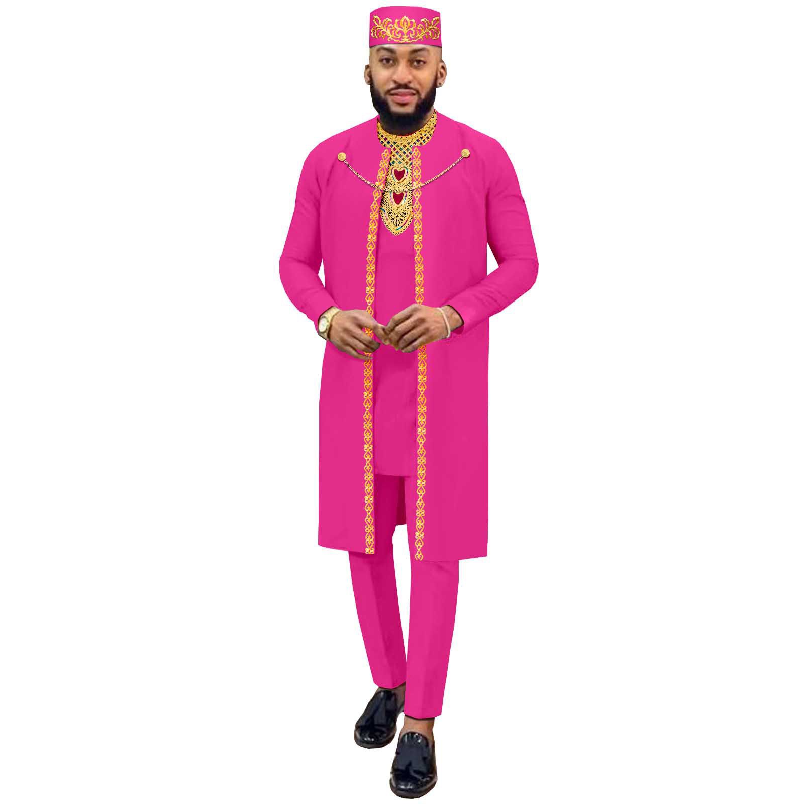 African Suits for Men Agbada Robe Shirts Pants and Tribal Hat Set Dashiki 4 Piece Outfits Traditional Attire