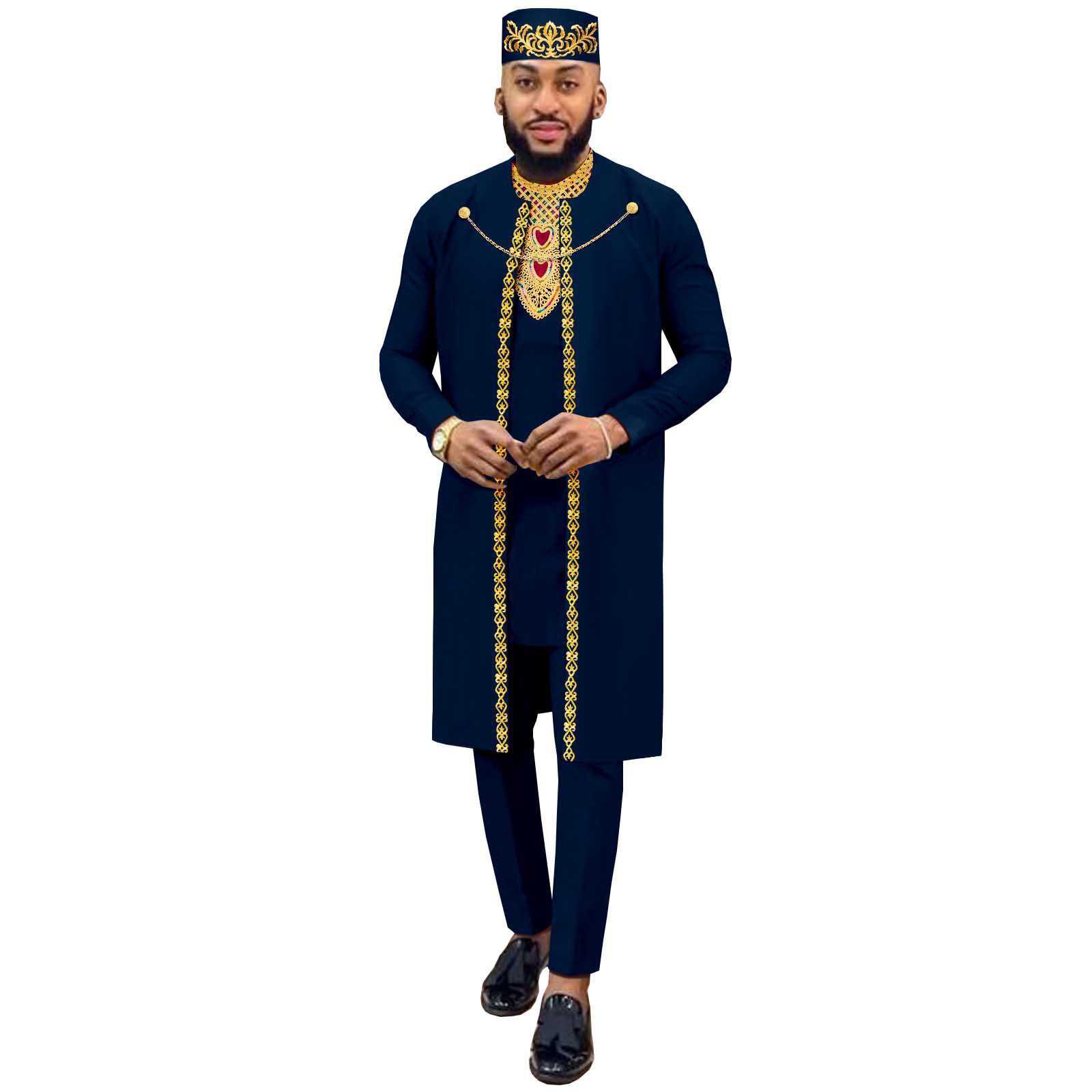 African Suits for Men Agbada Robe Shirts Pants and Tribal Hat Set Dashiki 4 Piece Outfits Traditional Attire