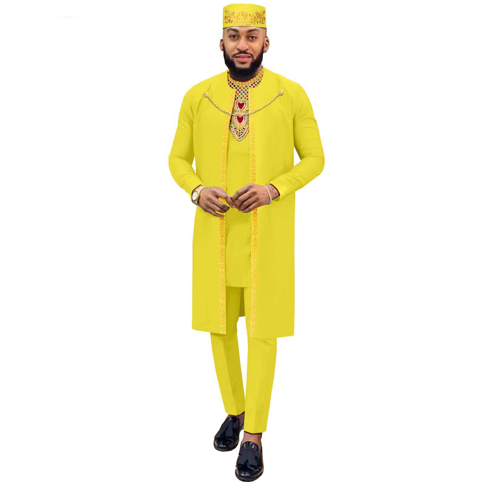 African Suits for Men Agbada Robe Shirts Pants and Tribal Hat Set Dashiki 4 Piece Outfits Traditional Attire