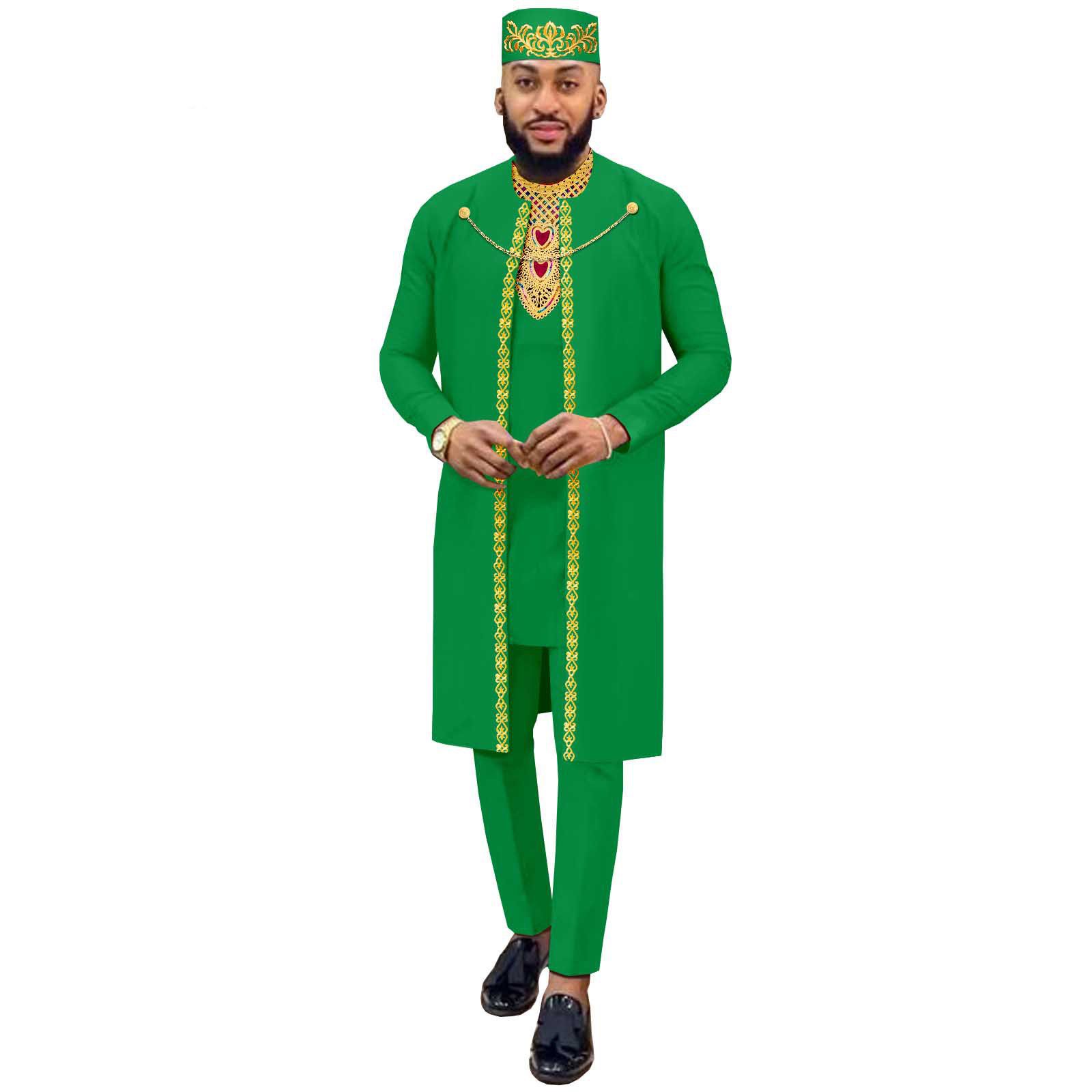 African Suits for Men Agbada Robe Shirts Pants and Tribal Hat Set Dashiki 4 Piece Outfits Traditional Attire