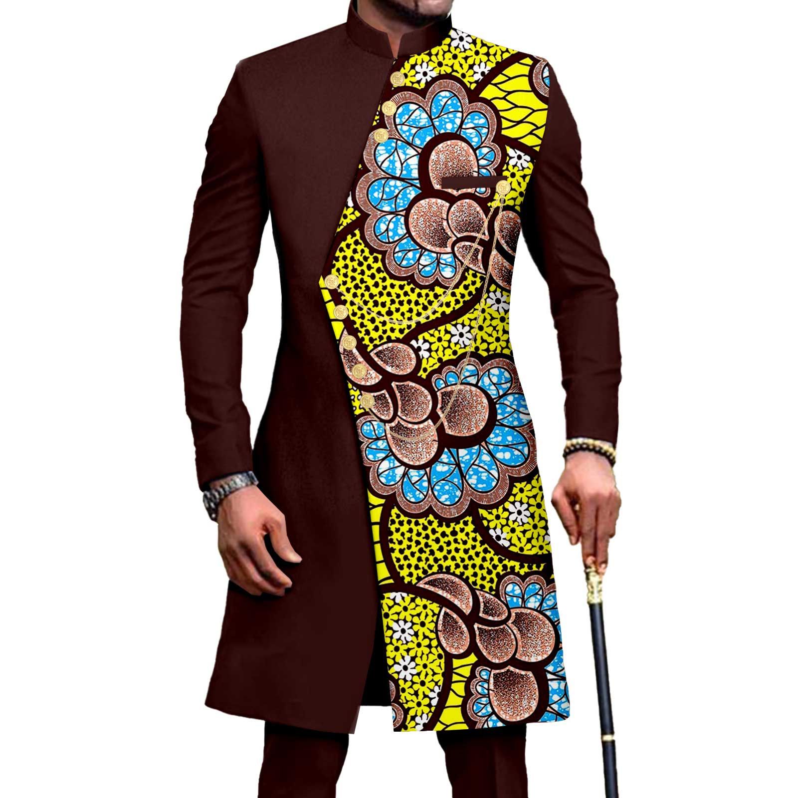 African Suits for Men Embroidery Print Blazer and Pants Set Business Suit Party Wedding Evening