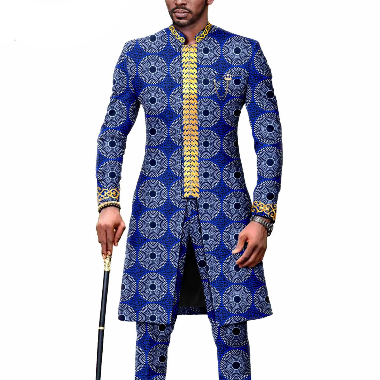 Dashiki Men African Suit Embroidery Jackets and Trousers 2 Piece Set Traditional Attire Wedding Party