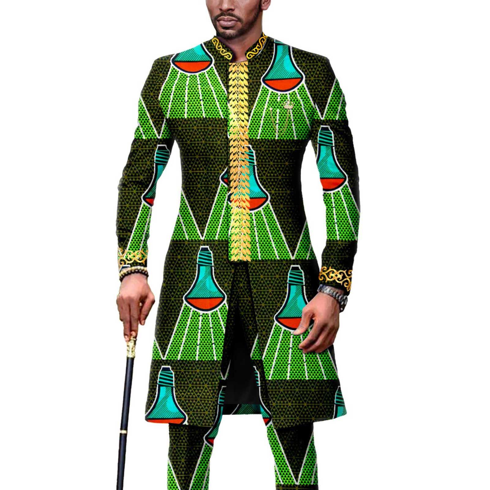 Dashiki Men African Suit Embroidery Jackets and Trousers 2 Piece Set Traditional Attire Wedding Party
