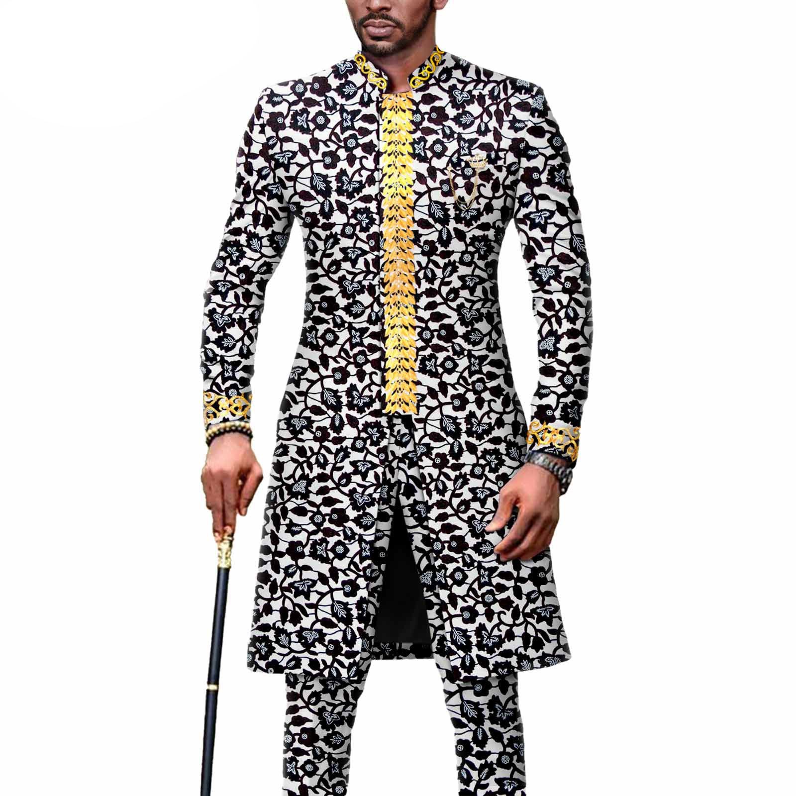 Dashiki Men African Suit Embroidery Jackets and Trousers 2 Piece Set Traditional Attire Wedding Party