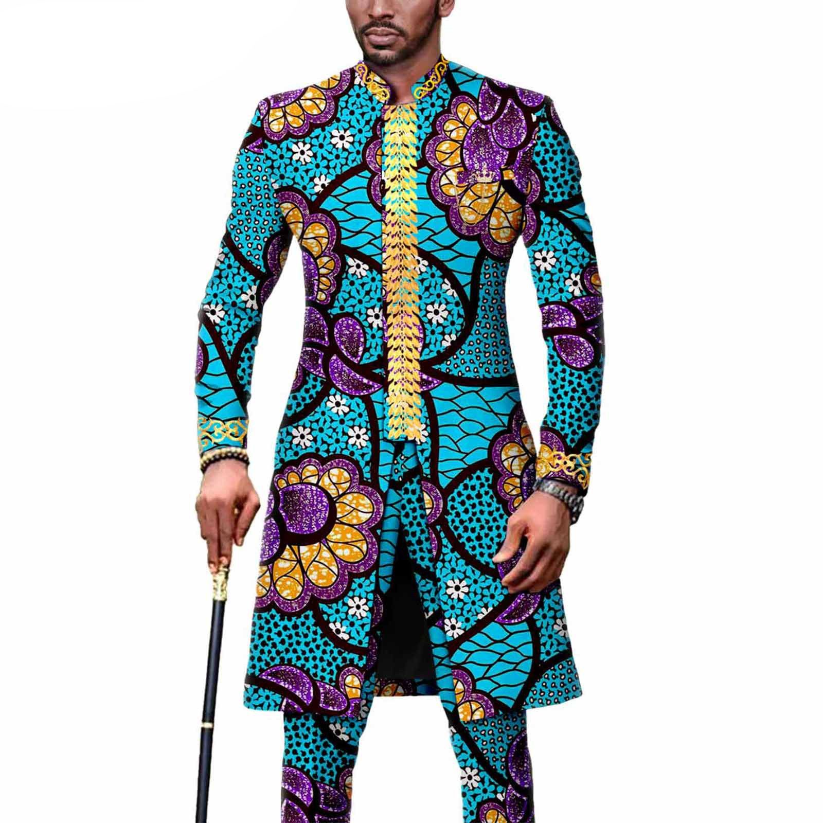 Dashiki Men African Suit Embroidery Jackets and Trousers 2 Piece Set Traditional Attire Wedding Party