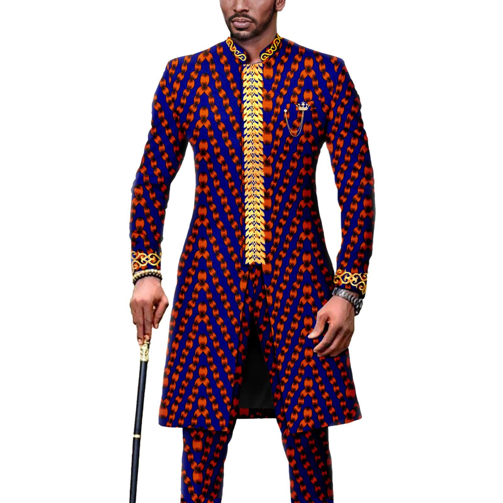 Dashiki Men African Suit Embroidery Jackets and Trousers 2 Piece Set Traditional Attire Wedding Party