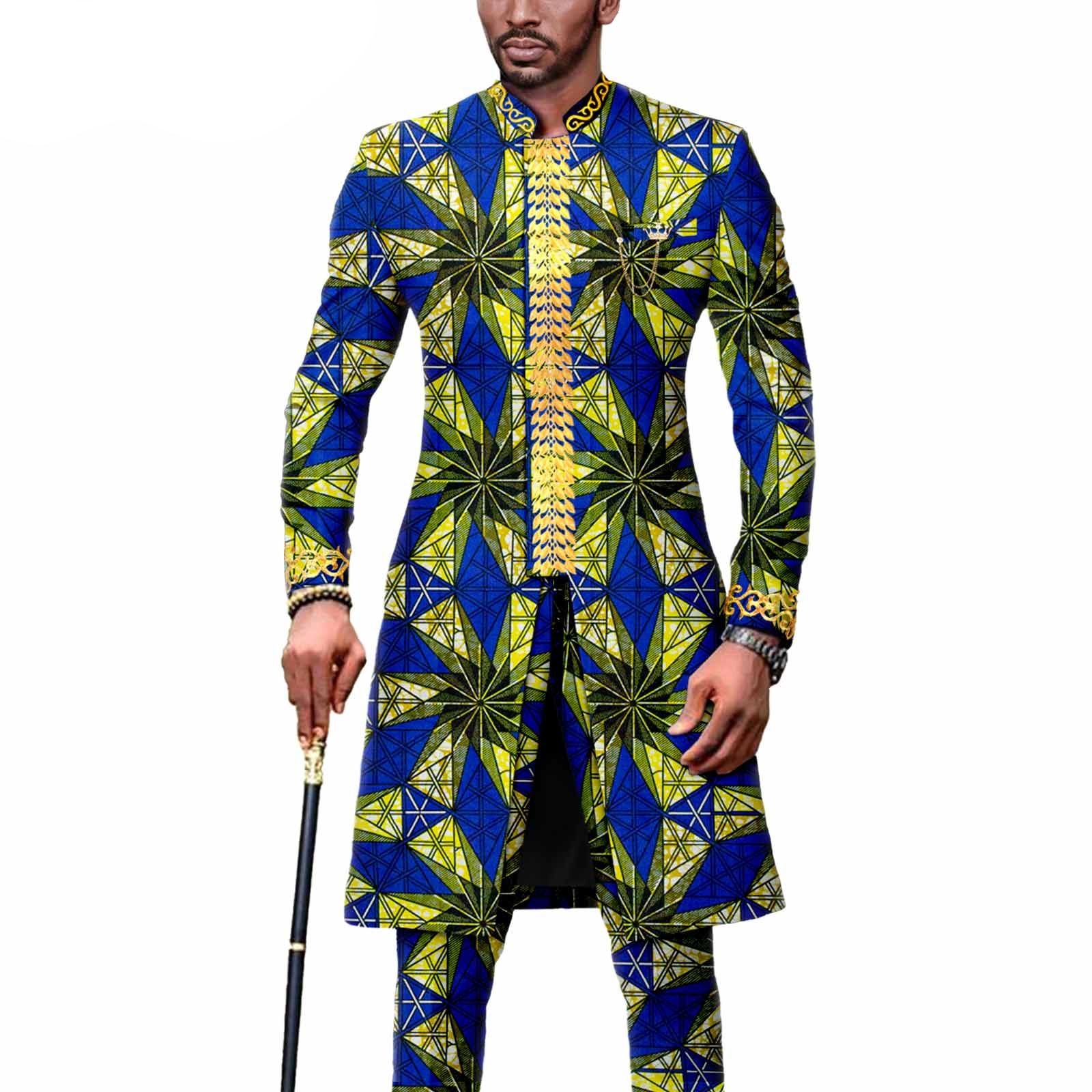 Dashiki Men African Suit Embroidery Jackets and Trousers 2 Piece Set Traditional Attire Wedding Party