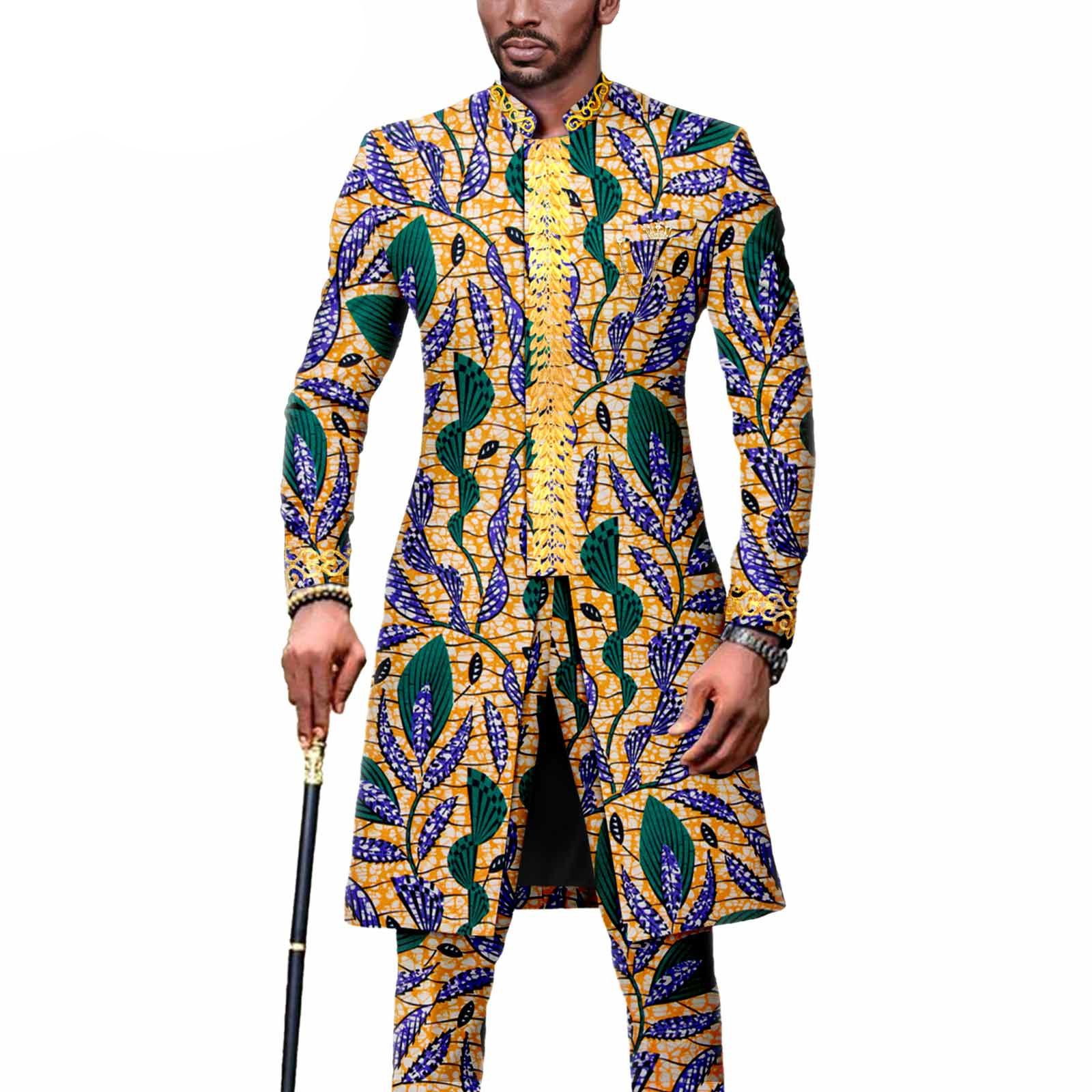 Dashiki Men African Suit Embroidery Jackets and Trousers 2 Piece Set Traditional Attire Wedding Party