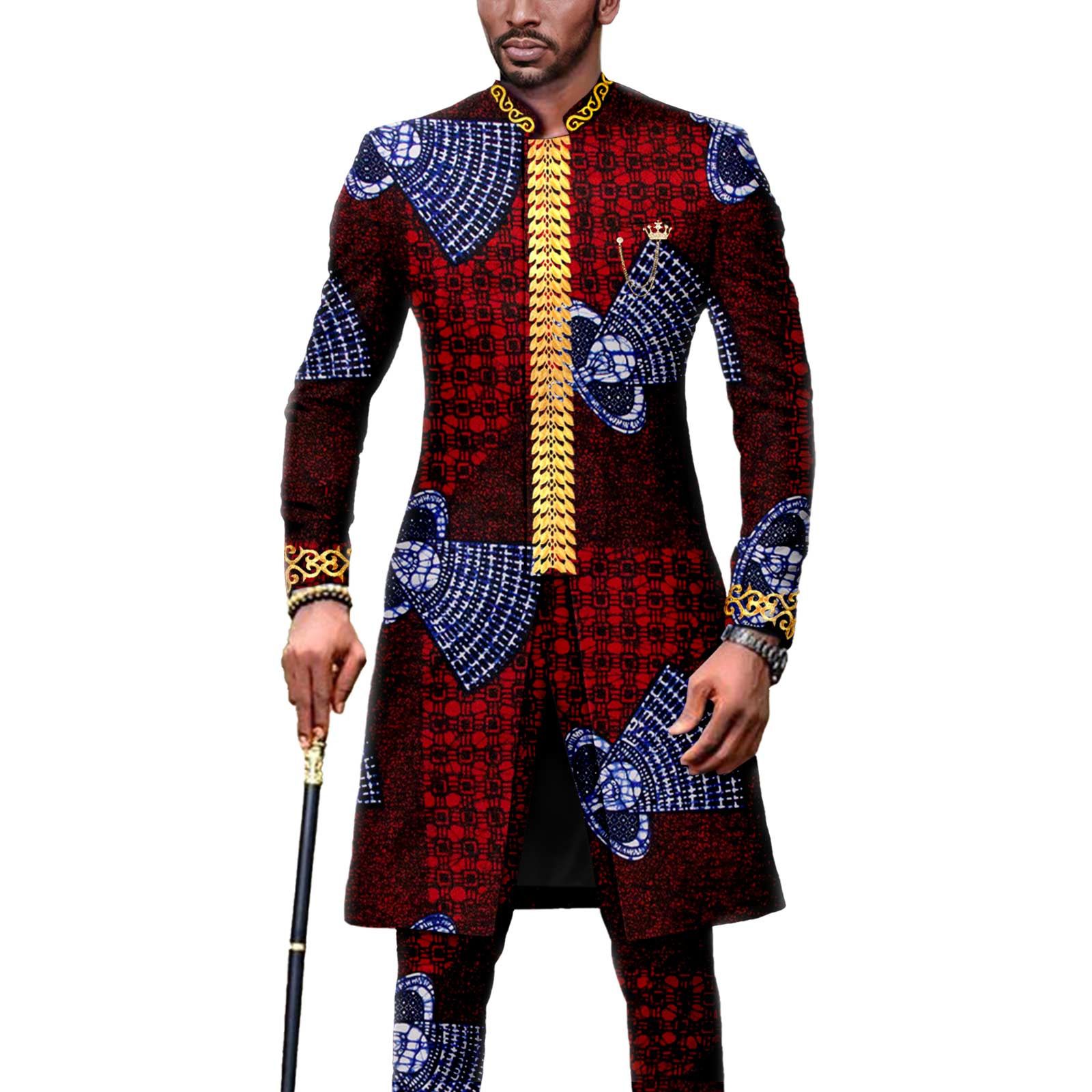 Dashiki Men African Suit Embroidery Jackets and Trousers 2 Piece Set Traditional Attire Wedding Party
